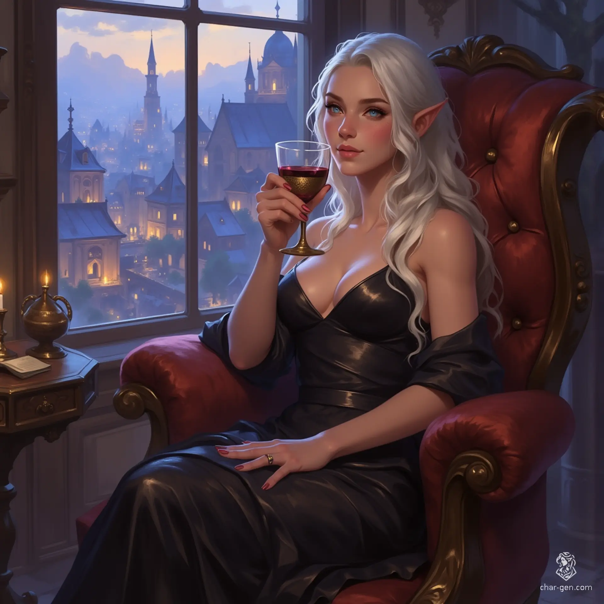 In a luxurious estate, a seductive changeling noblewoman with flowing white hair and milky grey eyes lounges on a plush velvet chair. Adorned in a revealing black gown, she sips wine from a golden goblet, her mischievous smile hinting at secrets hidden in the city’s evening glow.