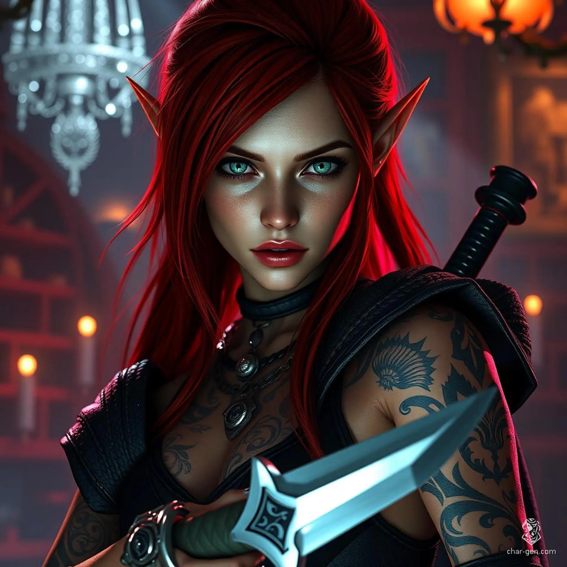 A stunning half-elf rogue, she embodies gothic elegance with red tattoos adorning her reddish skin. Armed with a short sword and dagger, her captivating green eyes and flawless features shine in dramatic lighting. In a tavern, she dances gracefully, a mesmerizing blend of strength and beauty.