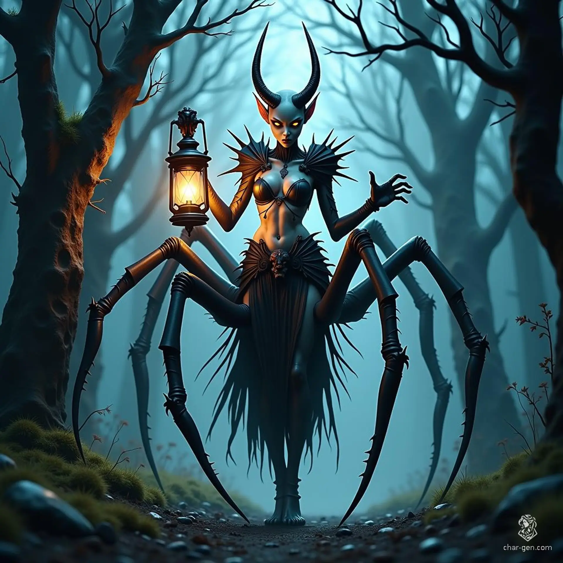 The Drider is a fearsome hybrid creature, possessing the upper body of a fair-skinned drow female and the lower body of a giant spider. With eight smooth chitinous legs, sharp fangs, and a venomous bite, she wields a lantern staff, illuminating her dark lair.
