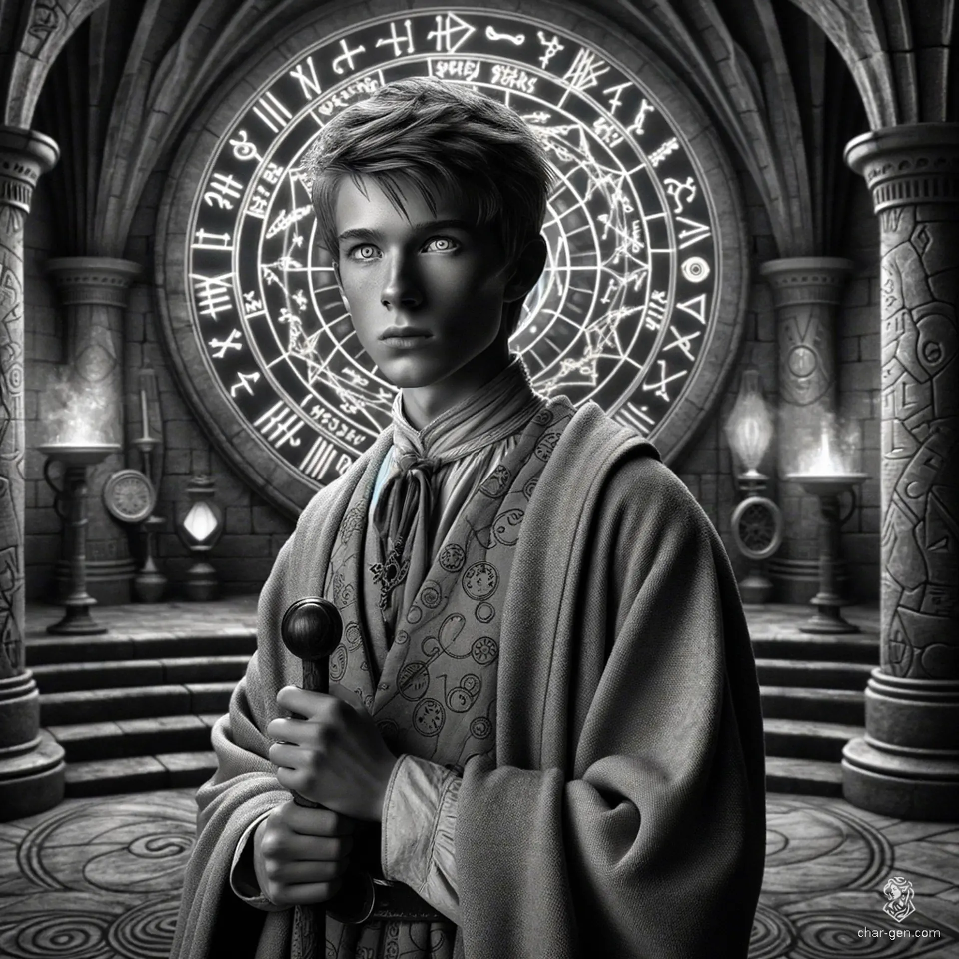 Larrius the Apprentice, a 20-year-old human with short brownish-blond hair and greenish-blue eyes, wields a quarterstaff and wears arcane sigils on enchanted garments. Formerly a slave, he was freed and trained by a wizard. Intelligent and wise but easily distracted, Larrius seeks self-improvement through knowledge.