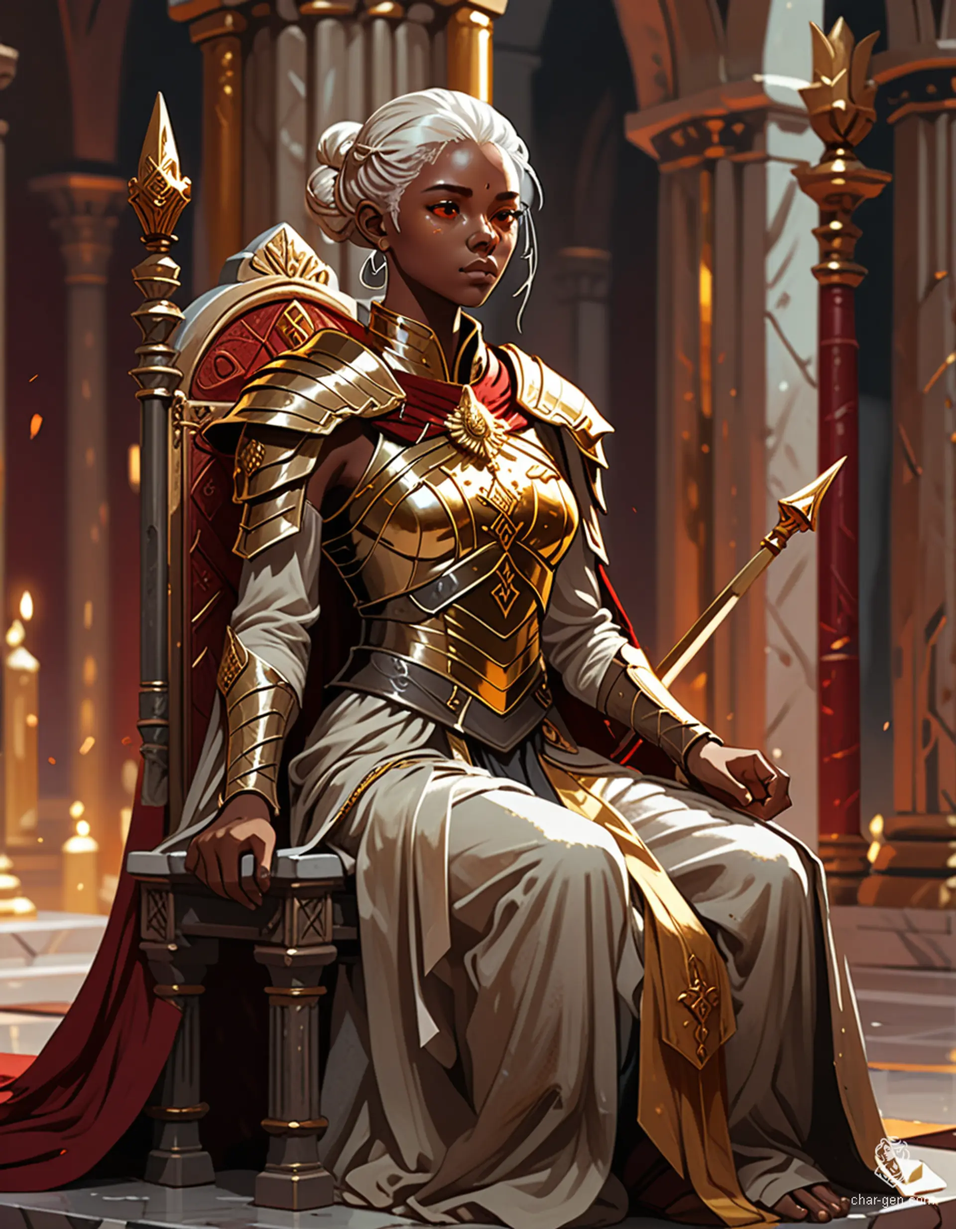Loralyn, a serene Aasimar monk and baroness, embodies elegance and power. With radiant golden skin and glowing pupil-less eyes, she sits poised in her dimly lit throne room, holding an enchanted quarterstaff. Her celestial robes and disciplined posture reflect her divine heritage as she prepares to confront dark threats.