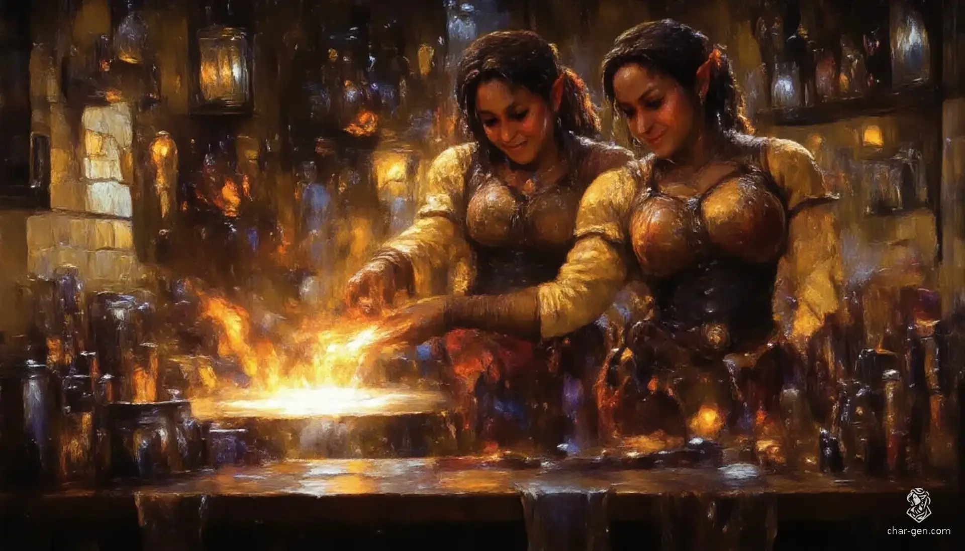 A vibrant, joyful female Centaur warlock stands at her forge, surrounded by swirling sparks and the rhythmic clang of hammer on anvil. Arcane sigils glow around her, reflecting in her bright eyes, as she melds magic and craftsmanship in a warm, expressive setting.