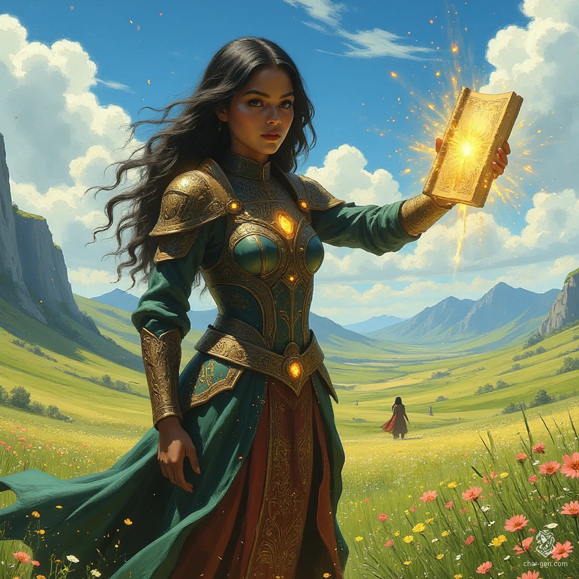 Jouli, a captivating middle-aged Indian investigator mage, exudes elegance as she casts a shield spell. Dressed in intricately embossed leather armor, her striking dark skin glows in the warm light. Working as a librarian among towering bookshelves, she safeguards ancient knowledge with grace and power.