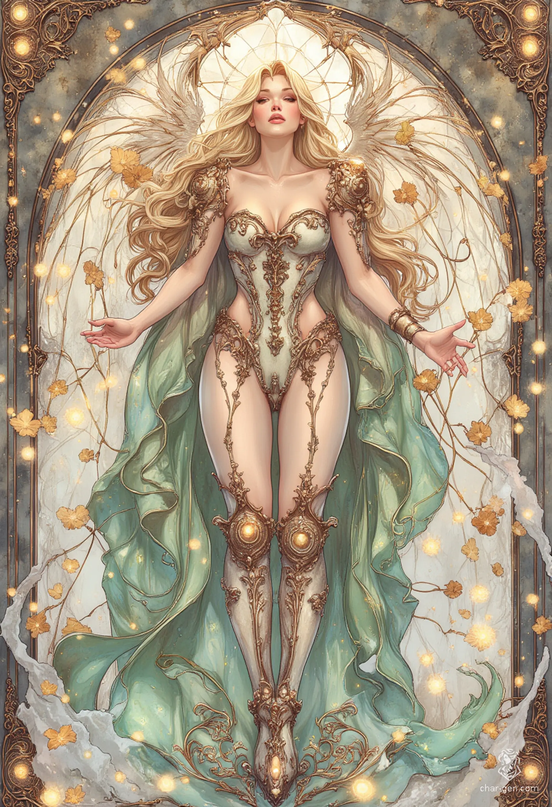 Sigarda, a breathtaking angelic figure, embodies grace and beauty. Dressed in ornate green and gold armor, her golden hair cascades like sunlight. With solid gold glowing eyes and intricate, flowing curves reminiscent of art nouveau, she floats serenely in a vibrant sky, surrounded by delicate floral motifs.