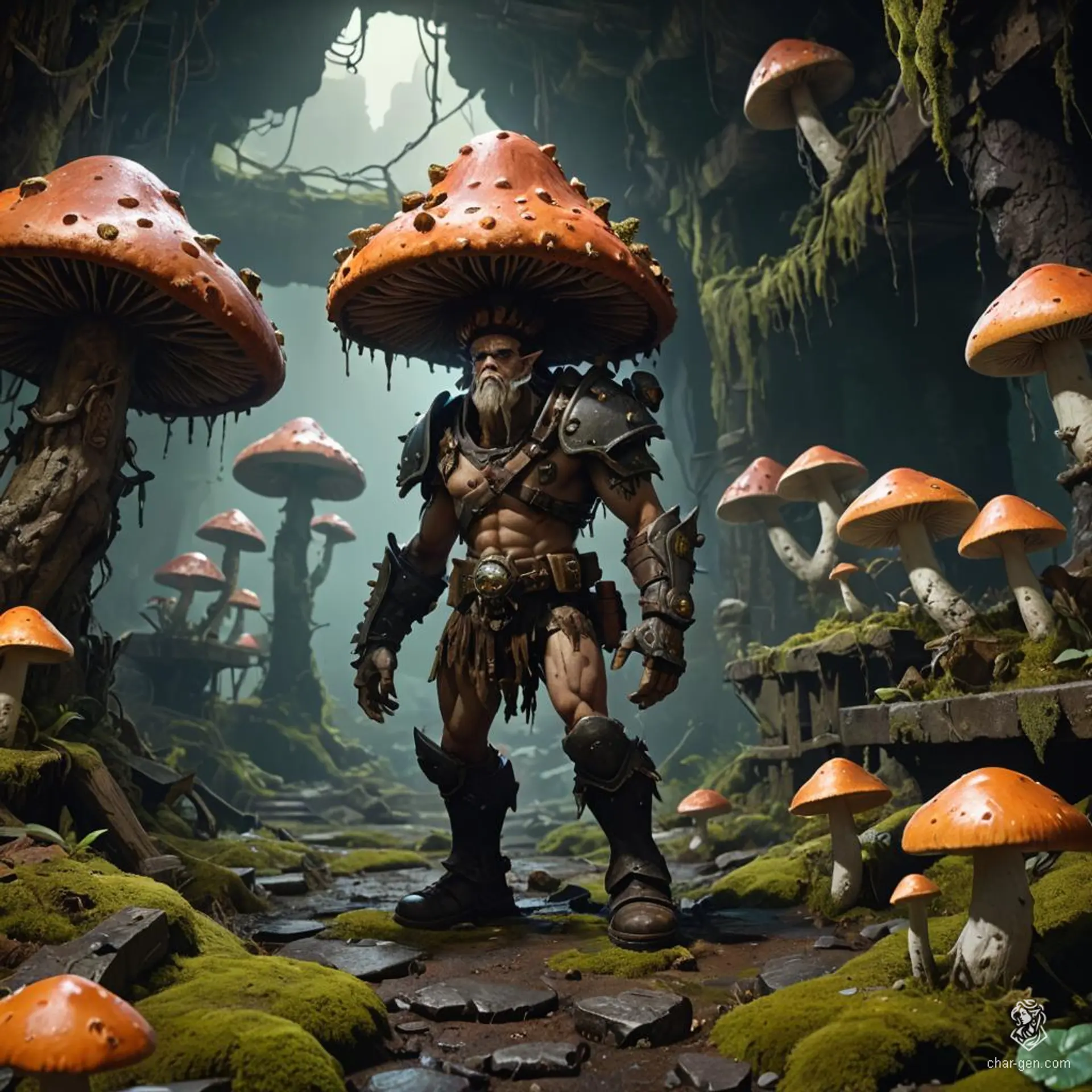 A towering Myconoid barbarian, this huge, humanoid mushroom entity boasts a fungoid cap and bark-like skin cloaked in glowing spores, moss, and various fungi. Faceless and eyeless, it exudes a wild, rugged aura, its body a luminous tapestry of mushroom patches, embodying the essence of a mystical forest guardian.