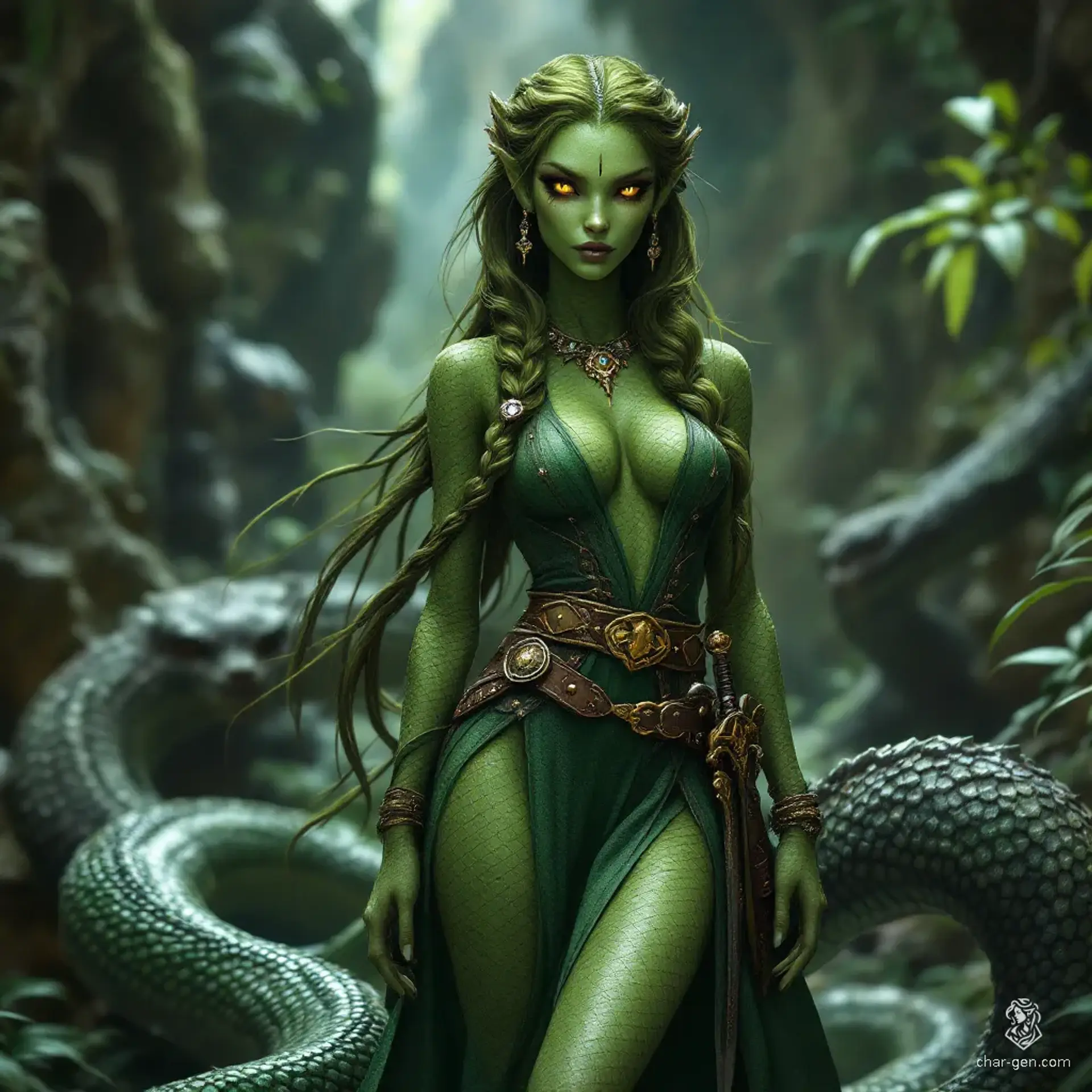 Mezalli, a striking yuan-ti sorcerer, stands gracefully at 1.68 meters, her shimmering olive green scales glinting in the ambient light. With captivating golden eyes and braided hair, she exudes exotic allure. Clad in elegant garments adorned with arcane sigils, she radiates a powerful aura of magic amidst her alchemical concoctions, ready to explore ancient mysteries.