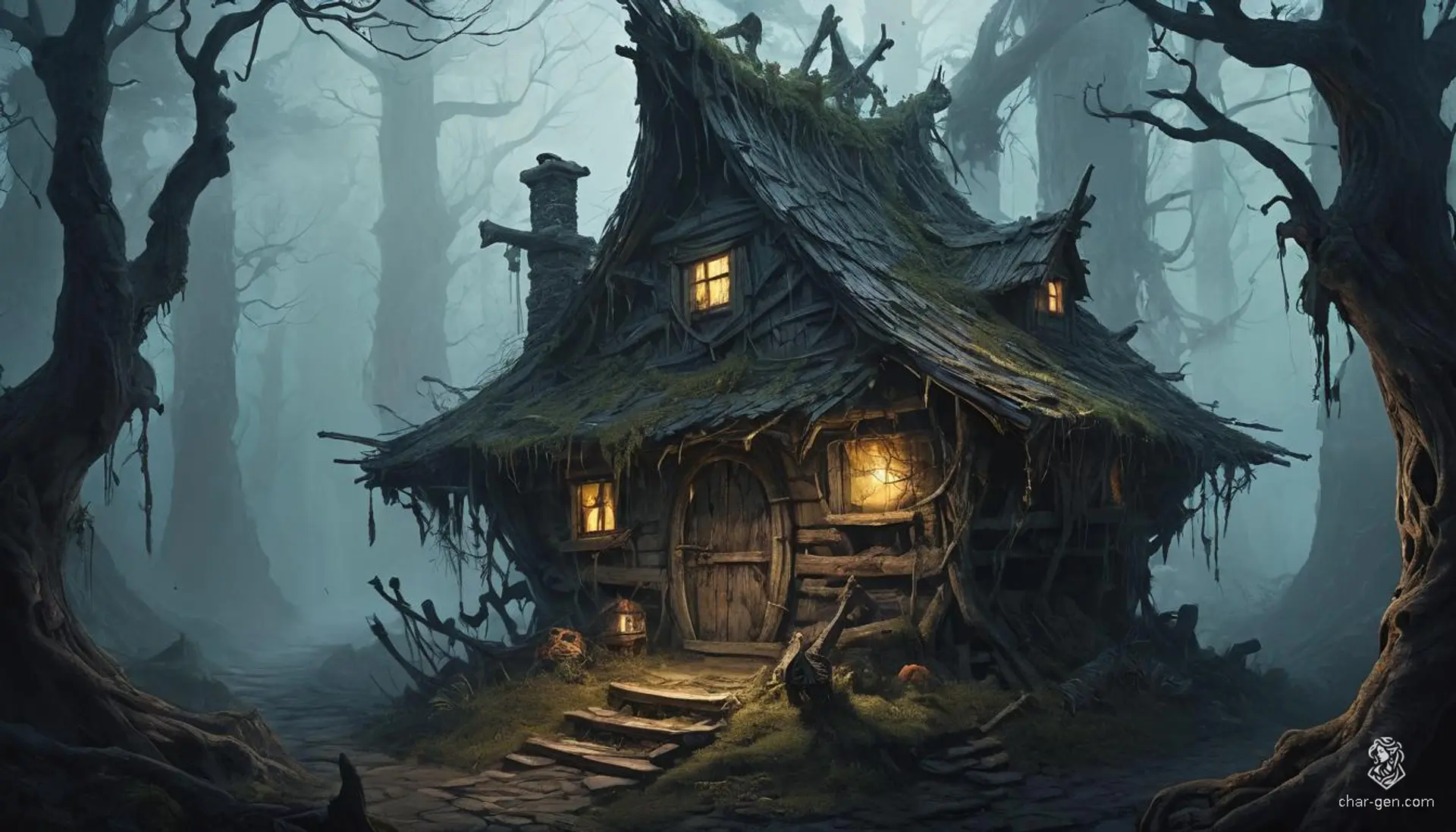 Amidst a dark, twisted forest shrouded in dense fog, Baba Yaga's wooden hut clambers on long, spindly chicken legs. Its gnarled joints creak, twisted walls glow with ancient runes, casting eerie veils upon the glowing mushrooms that pierce the haunted gloom.