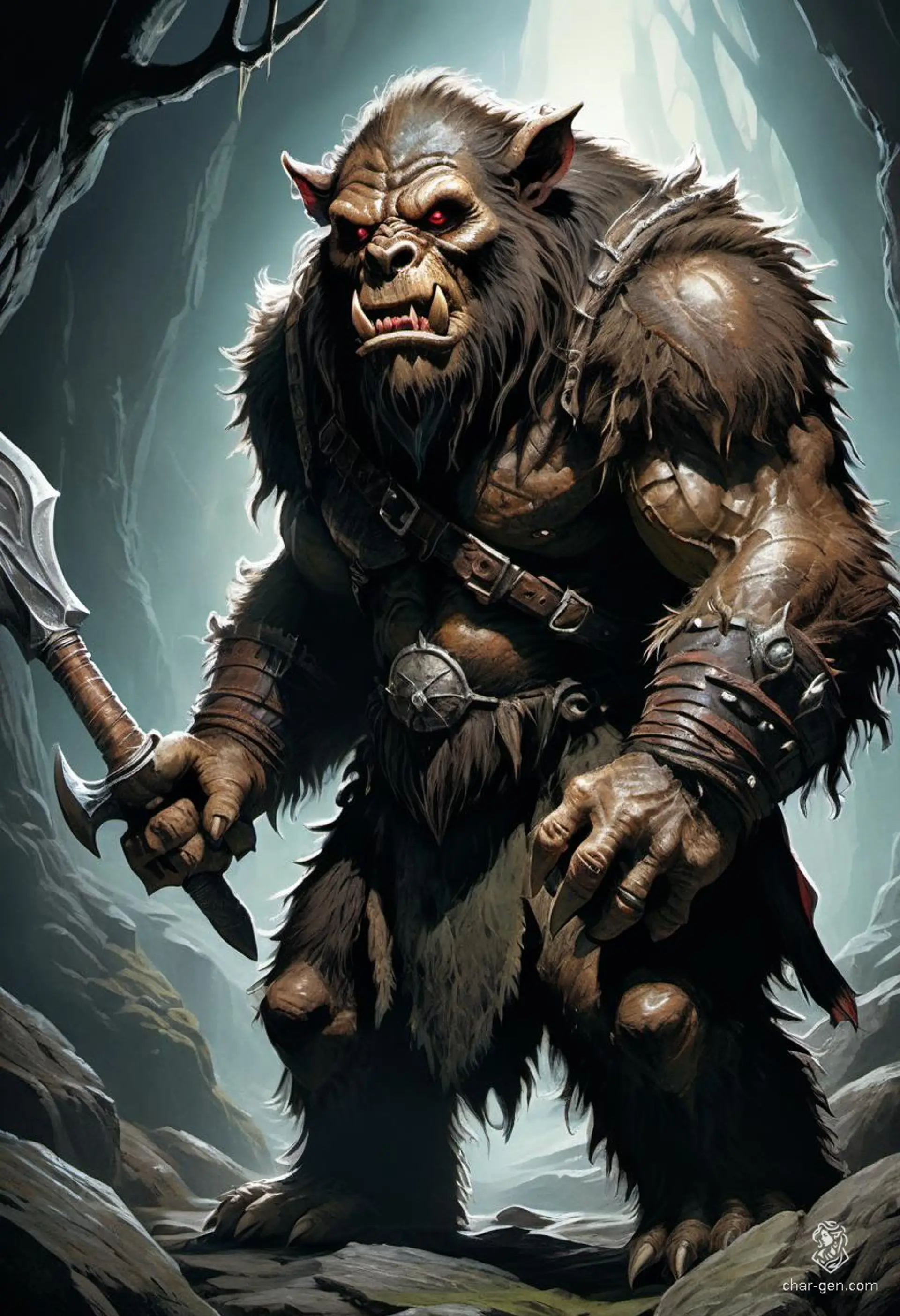 A menacing, hand-drawn bugbear from a 70s dark fantasy book, this hulking creature is cloaked in fur, adorned with piercing eyes, fangs, claws, tufted ears, and a bear-like nose, emanating raw, primal power.