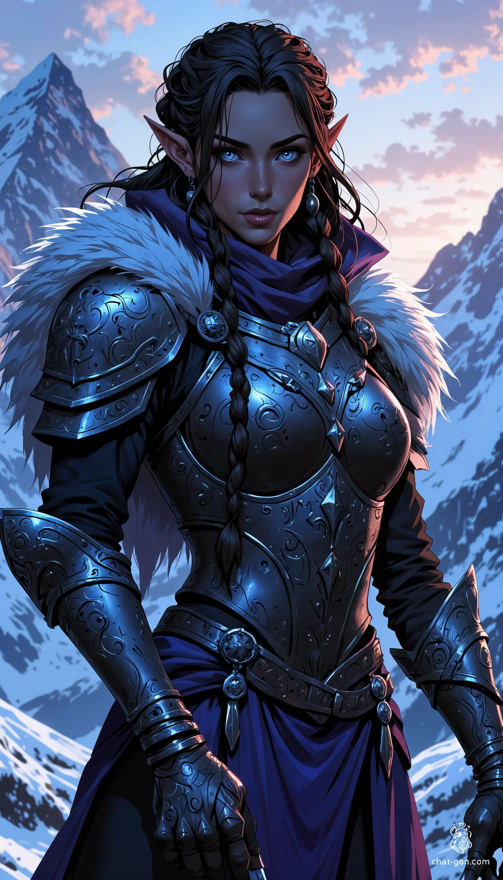 A fierce female Elf warrior stands poised in a rugged Nordic landscape, featuring pale skin, braided dark brown hair, and piercing ice-blue eyes. Clad in sleek silver and black armor with runic engravings, she wields an elegant longsword, ready to defend her realm against encroaching darkness.