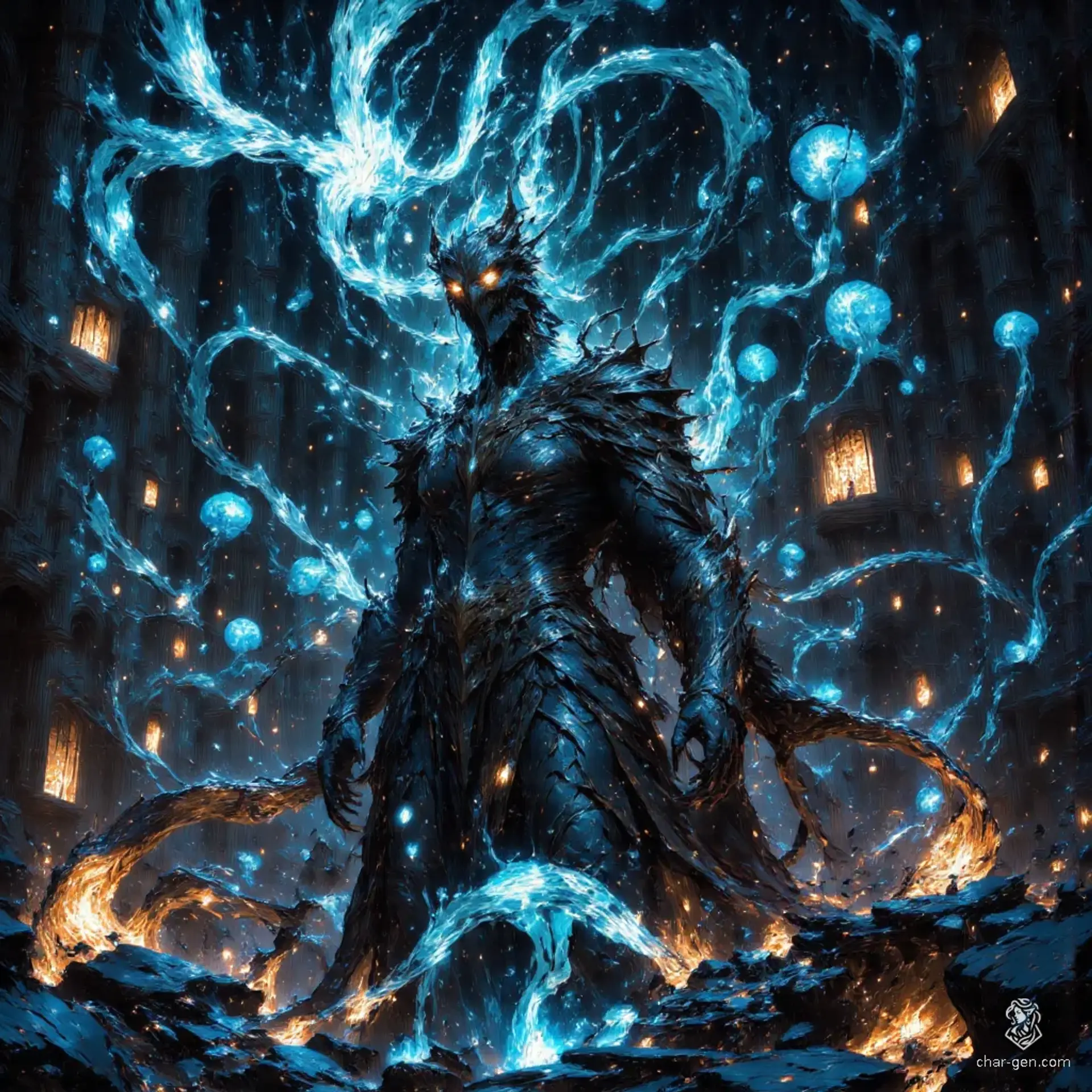 The Displacer Dragon, a fearsome fusion of displacer beast and dragon, prowls the edge of a vast Underdark lake. With a head resembling a panther and scales as dark as midnight, it boasts glowing tentacles under its wings. Acid drips from its claws, casting an eerie light in the shadowy cavern.