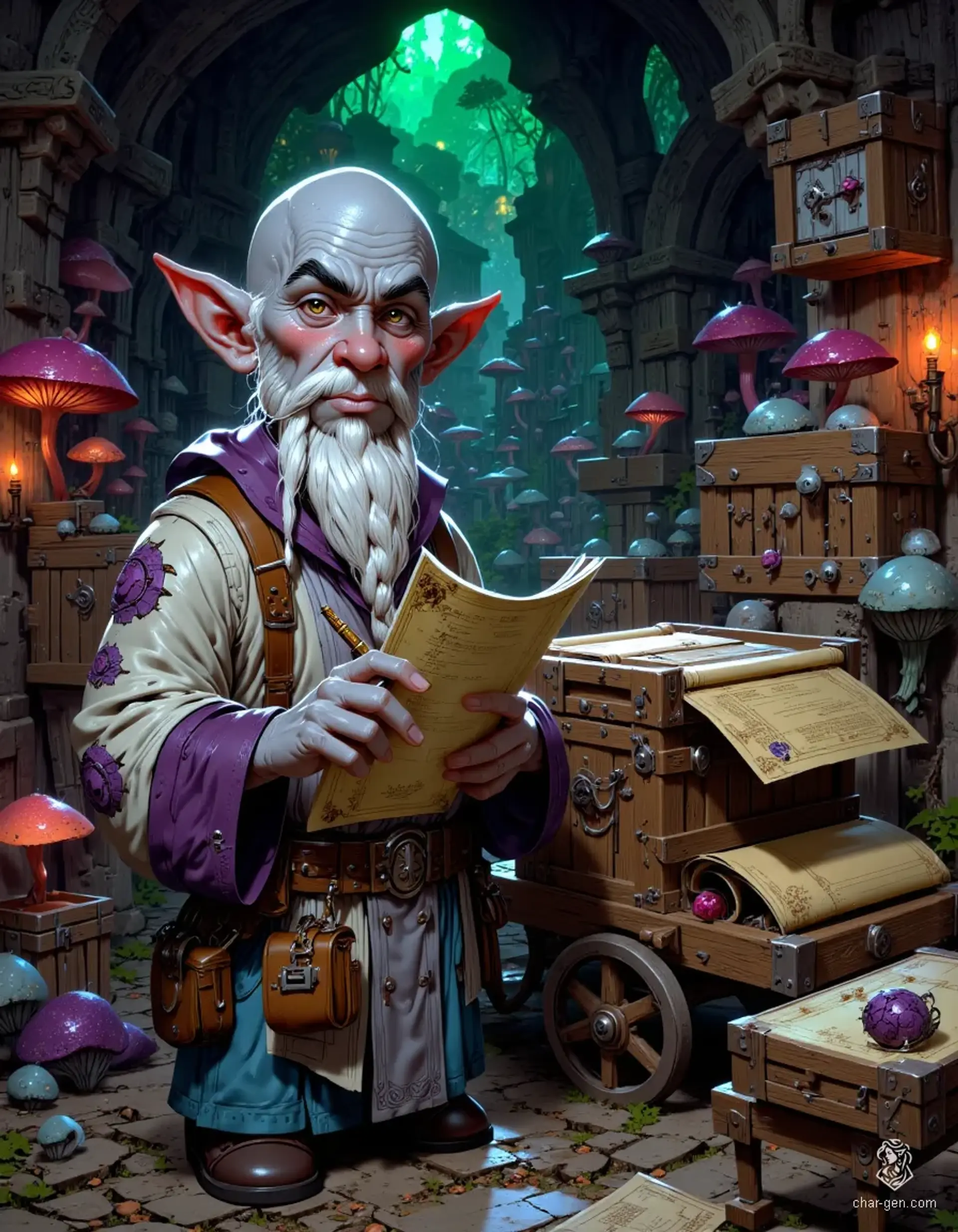 Eirik Grimbeard is a shrewd, middle-aged deep gnome merchant, standing confidently by his cart in the Underdark. With his bald head, long white beard, and mismatched patchwork coat, he exudes a weathered charm. His sharp eyes glint with intelligence as he barters exotic goods, surrounded by glowing mushrooms and crystalline formations.