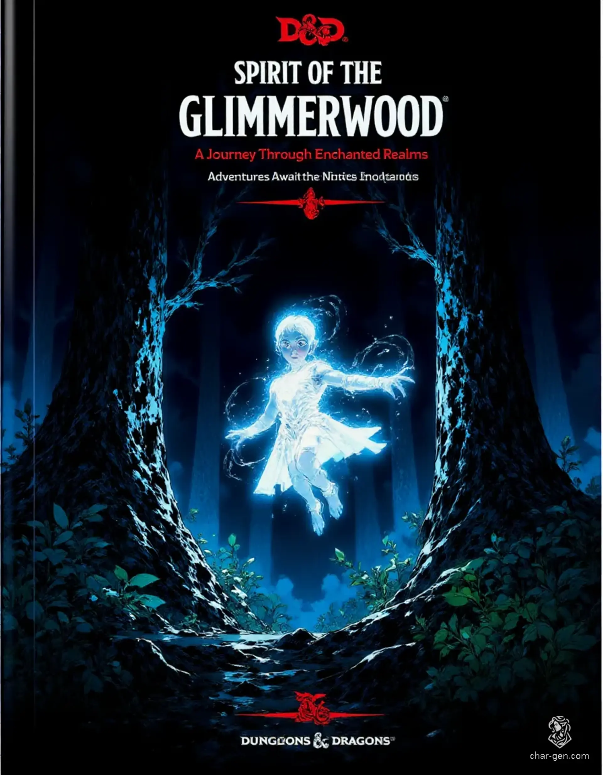 In a hauntingly beautiful forest of Ghost Gum Trees, a one-year-old Will-O-Wisp child emerges, its glowing skin casting an ethereal light. Surrounded by a shroud of mist, tiny blue orbs flit playfully among the moonlit trunks, creating a surreal, atmospheric tableau.
