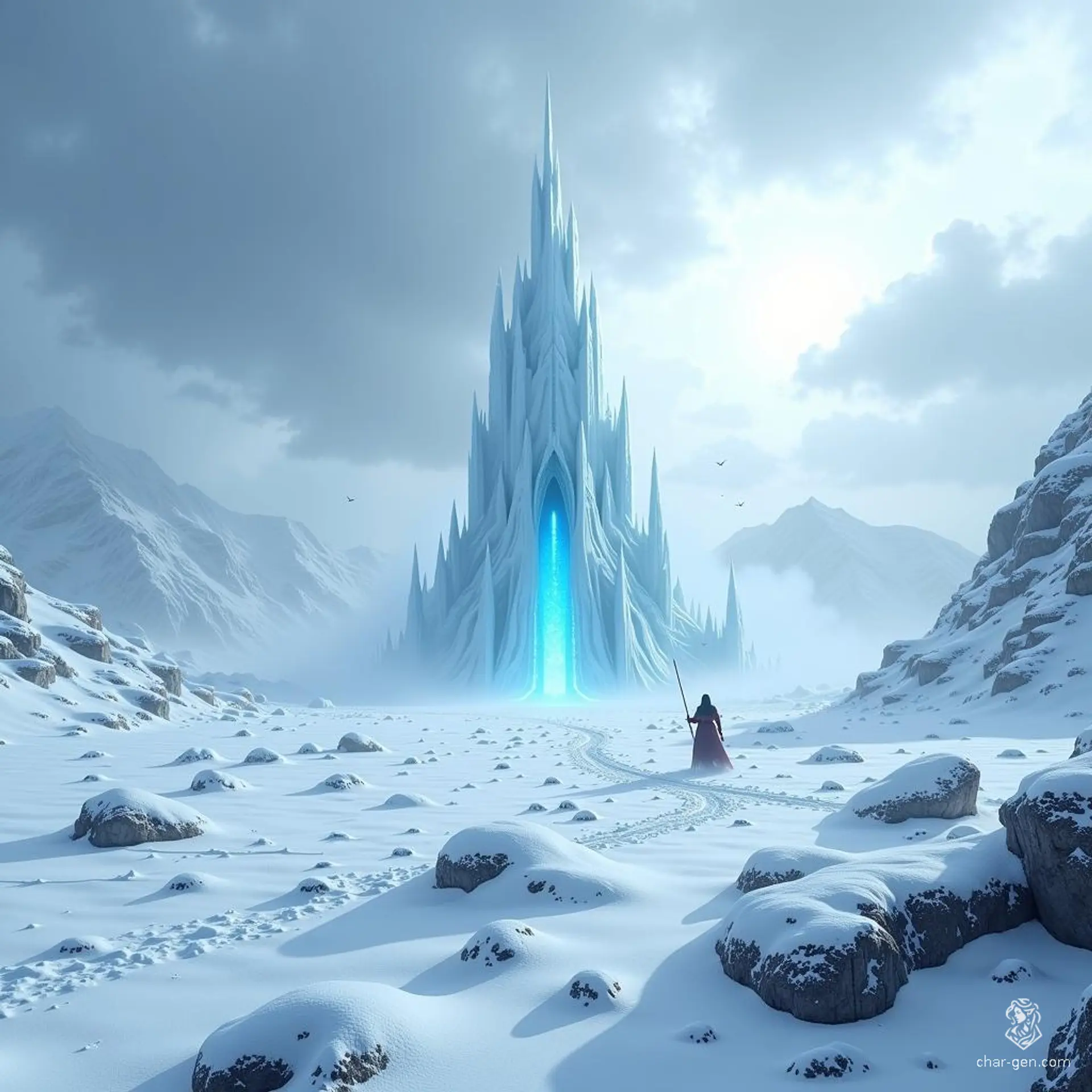 The Frostveil Expanse is a chilling realm of endless snow plains and jagged ice spikes, where fierce winds whip through an eternal twilight sky. Towering mountain ranges loom in the distance, veiled in glaciers, while the eerie Frozen Spire glows ominously amidst the haunting silence of this cursed wasteland.