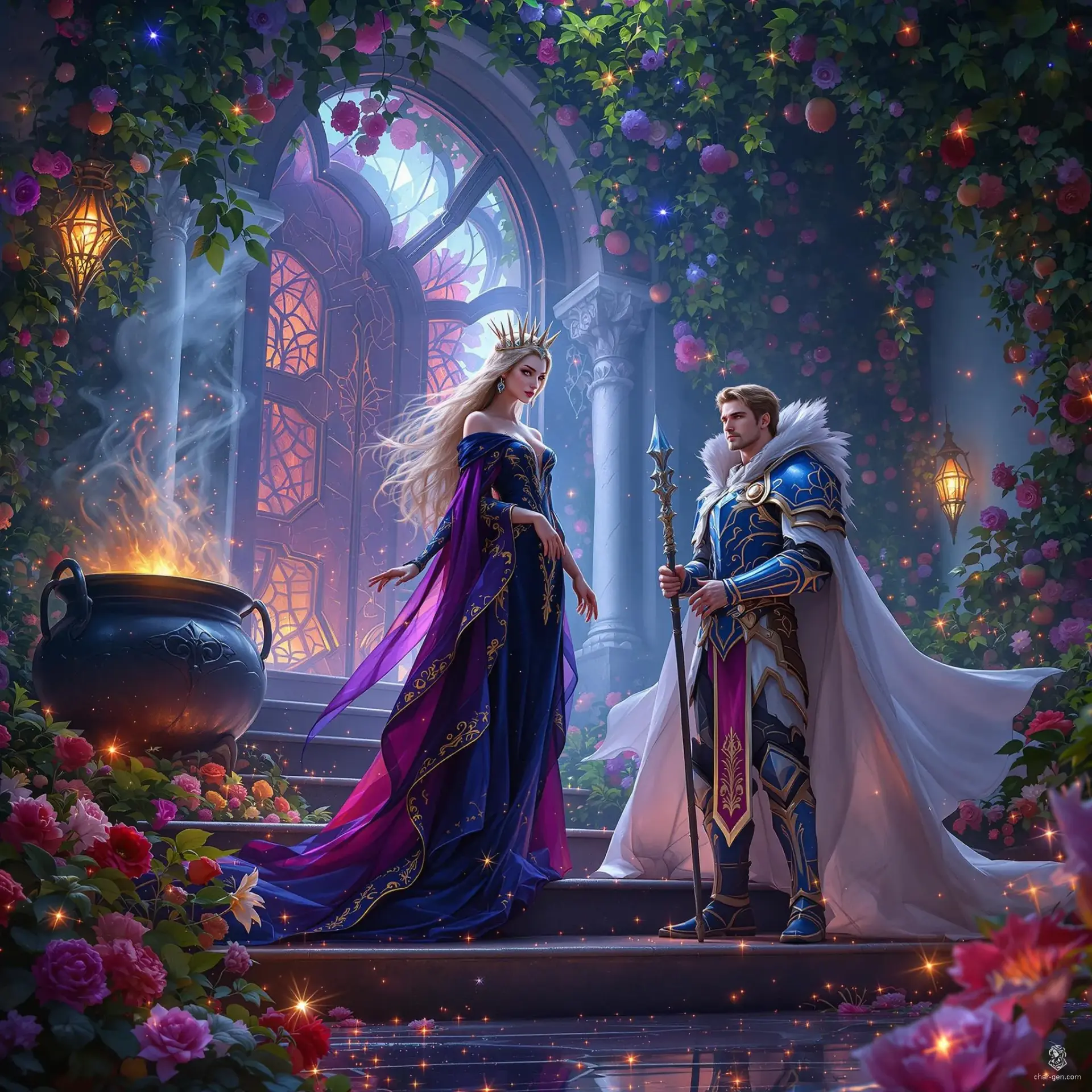 In a grand ballroom, the regal, ethereal enchantress floats midair, adorned in flowing, dark blue and violet robes with gold trim. Her commanding, mystical presence is amplified by a spiked silver-blue crown and glowing red-lined garments. Beside her, a young armored warrior stands poised, holding a fine quarterstaff. Both figures, frozen in desperate motion, reach toward a dark vaporous cauldron atop a central dais.