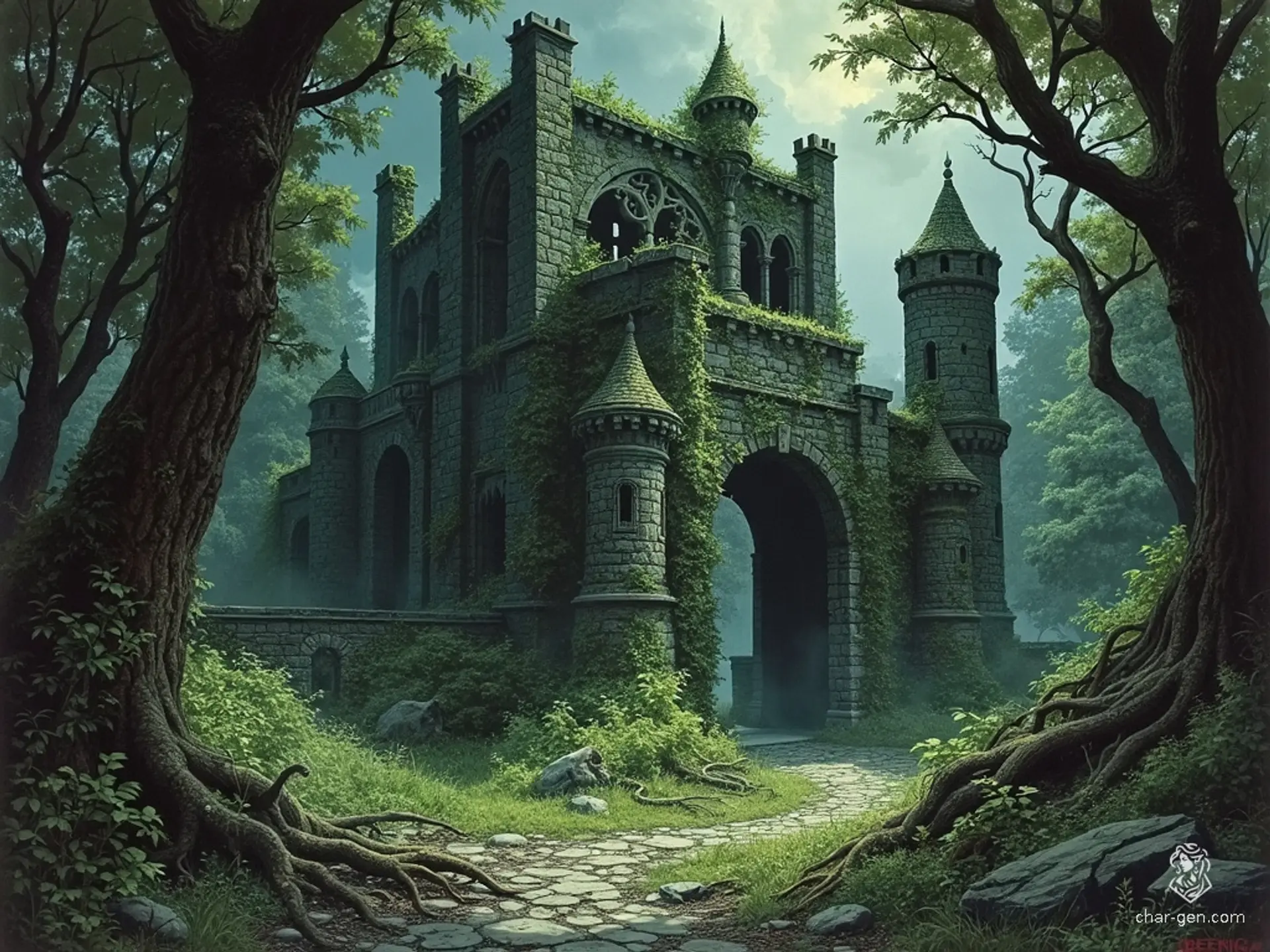 Deep within the shadowy Neverwinter Wood lies a crumbling, overgrown castle, veiled in dense foliage. Vines and moss creep over its partially collapsed, gothic stone walls. The eerie, high-contrast scene is drenched in moody darkness, whispering ancient, fantasy horror secrets.