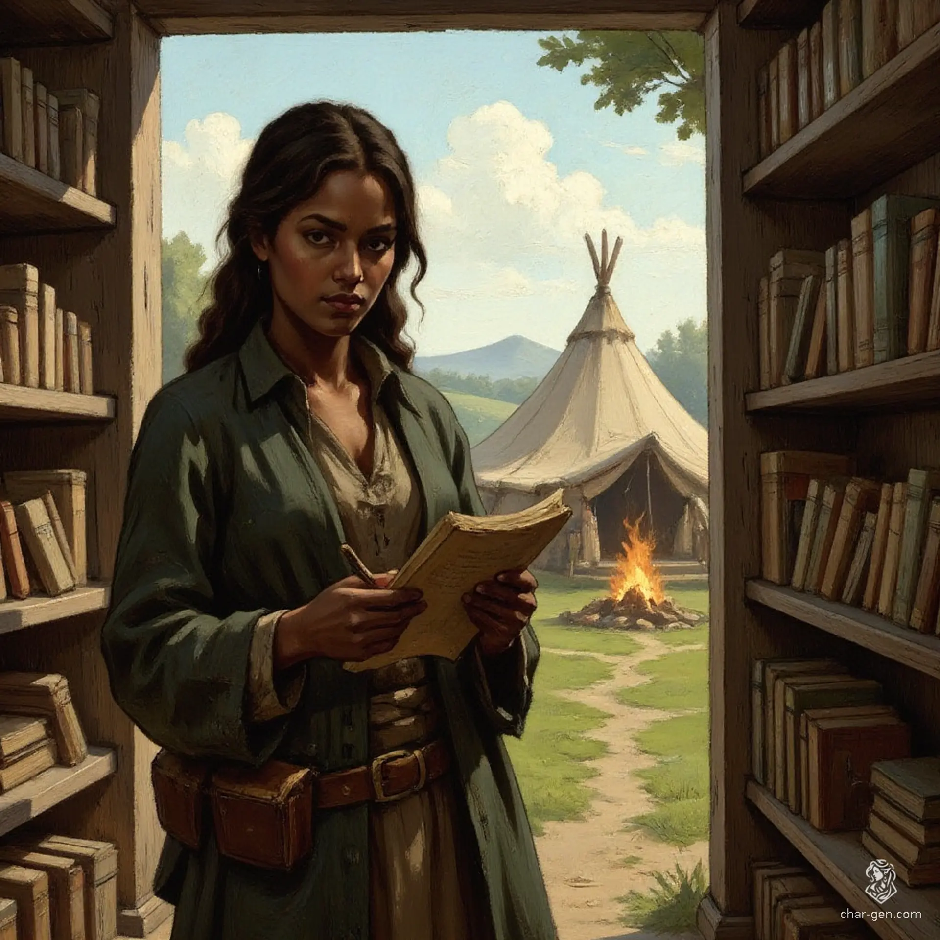 A skilled investigator and librarian, she meticulously catalogs ancient texts among towering bookshelves. Her striking dark skin serves as a canvas for her keen intellect, blending an aura of mystery and authority as she unearths secrets hidden within the pages of time.