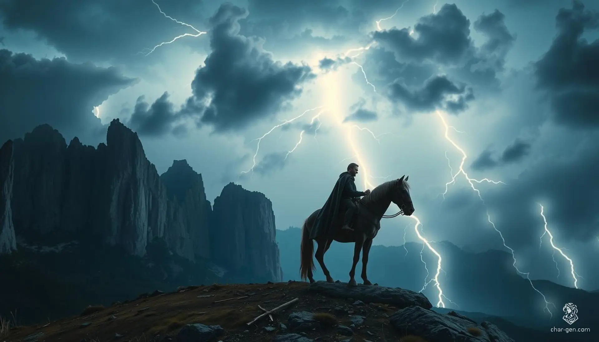Under a tempestuous night sky, a lone horseman in a tattered cloak stands atop a windswept hill. Fierce lightning splits the heavens, illuminating the rugged terrain and casting dramatic shadows across the landscape. The air crackles with electric tension as dark clouds churn overhead.