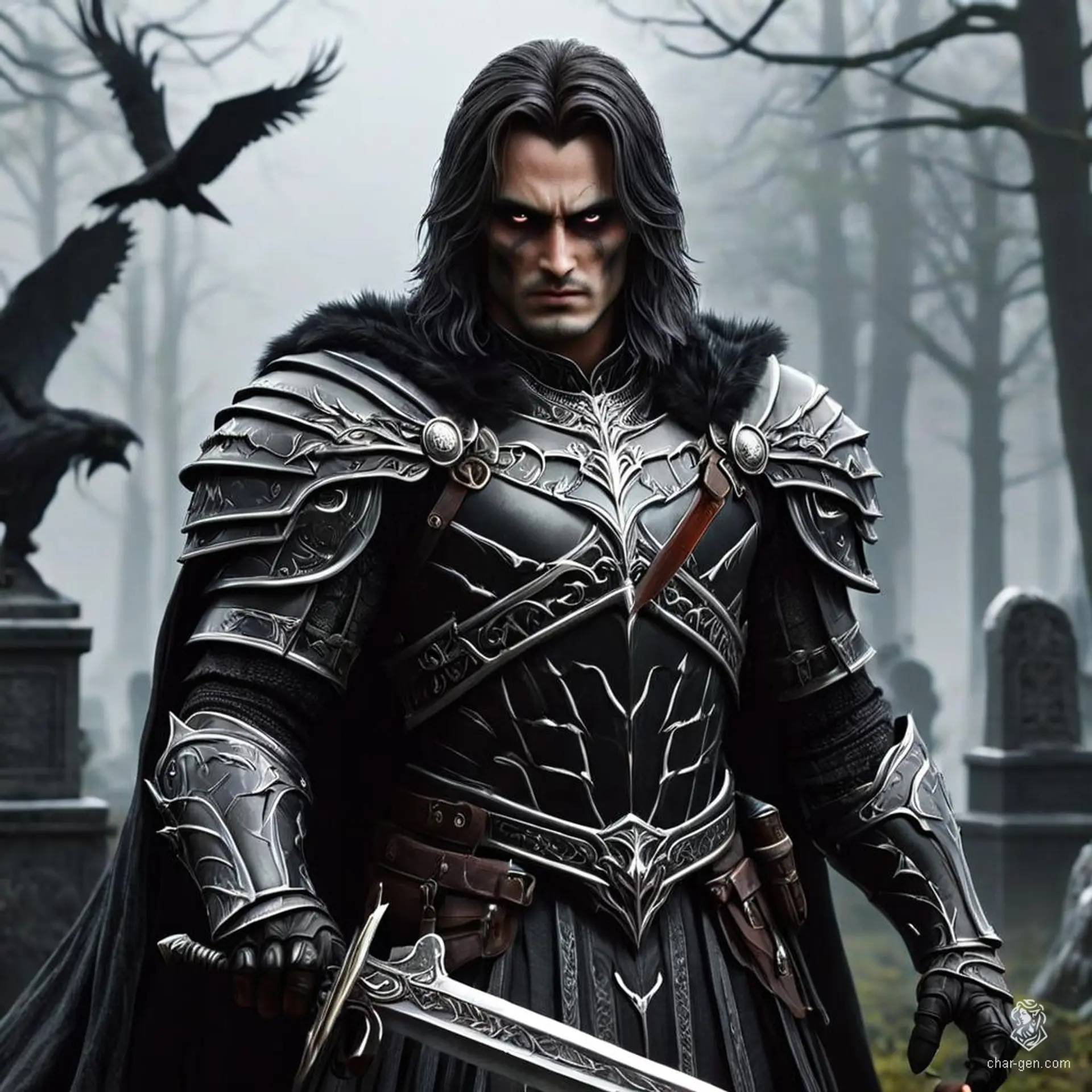 Dark Marcus is a shadow-kissed, raven-haired paladin with obsidian eyes and white skin. Exuding a dignified aura and protective stance, he wields a prominent longsword and an intricately detailed shield. This very charming and intelligent but oath-broken, evil shadar-kai commands a forbidding presence.