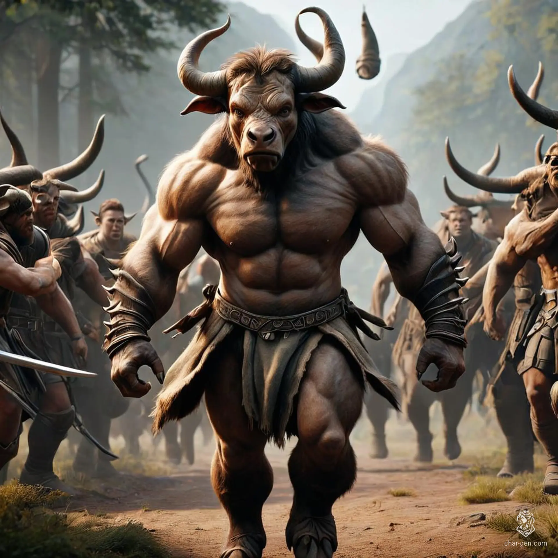 A burly male minotaur mercenary-captain with brown skin and receding hair leads a ragtag band of soldiers. His bull-like features, including horns and hooves, exude a formidable presence as he plans their next contract, clad in mismatched armor.