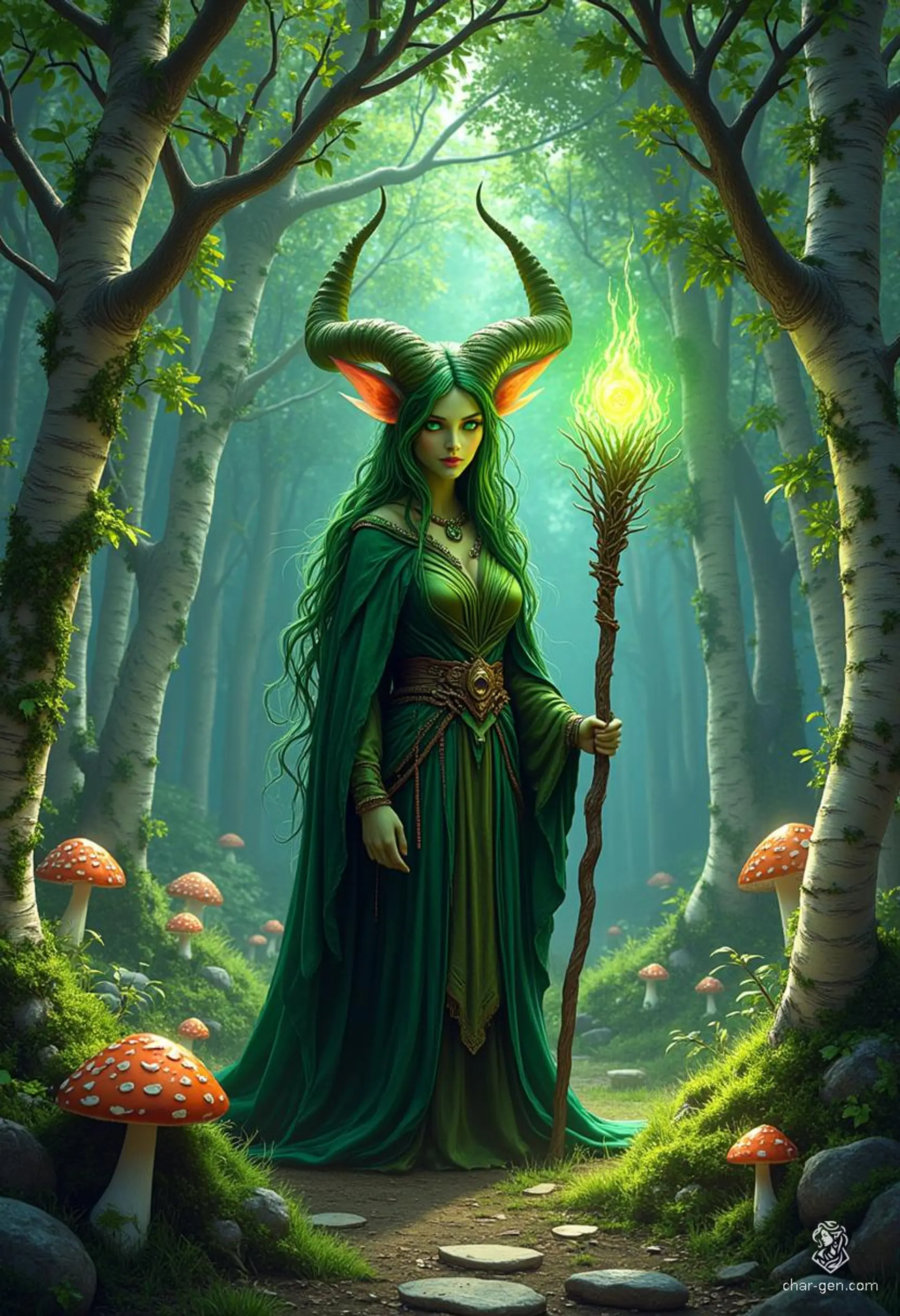 Lilith Valmoira, a wise and resilient tiefling druid with vibrant green skin and striking horns, roams the cursed valley of Barovia. Adorned in intricate hides and wielding a nature staff, she finds solace in her animal companions and a deep connection to the earth, seeking peace in a world marked by turmoil.