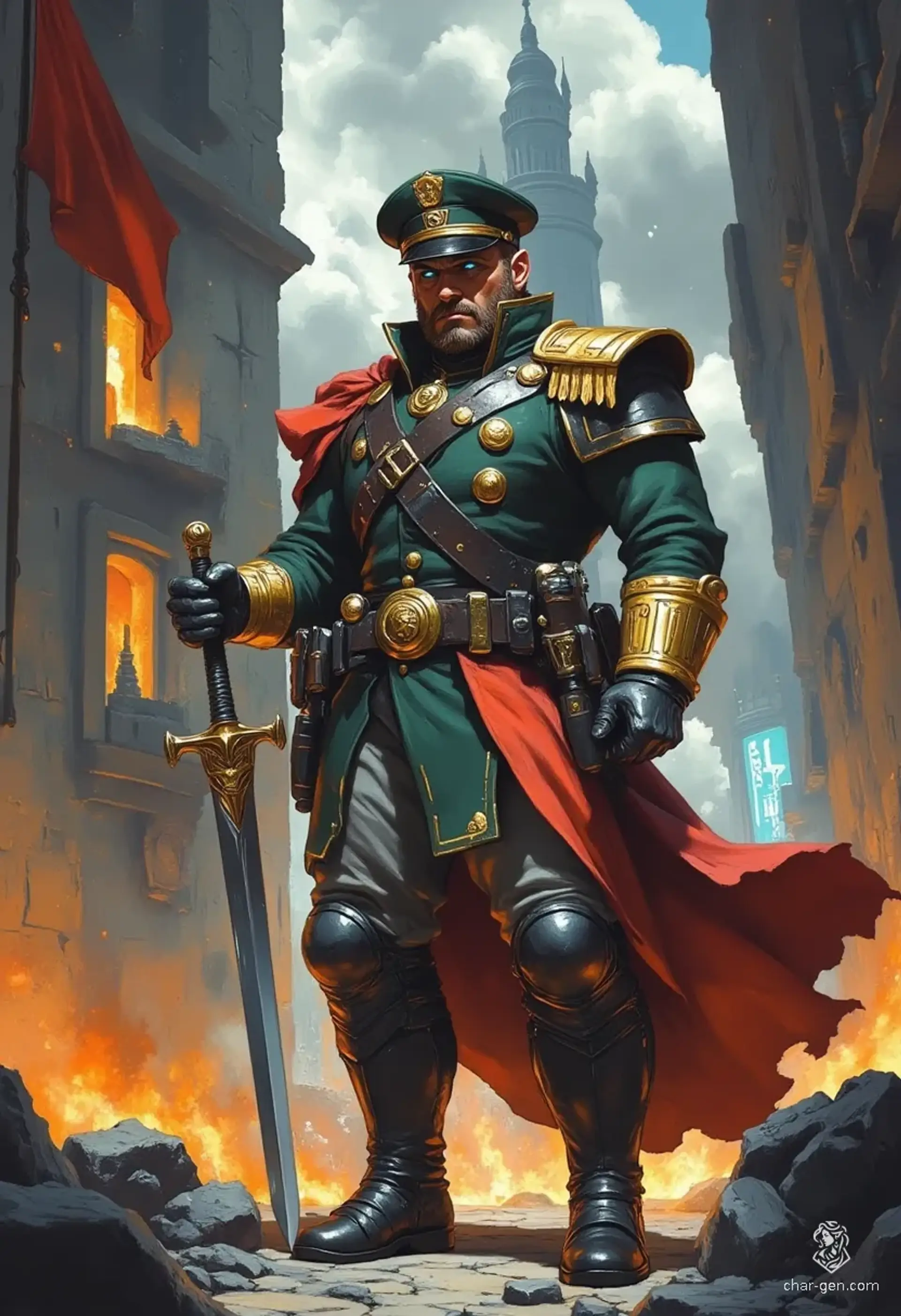 General Aelric Varstros, a battle-hardened Cadian leader, stands resolute amidst the ruins of war. Scarred and fierce, he embodies unwavering loyalty to the Imperium. Clad in a reinforced command uniform, wielding a crackling power sword and a smoking bolt pistol, he strategizes amidst chaos, fueled by the indomitable spirit of Cadia.