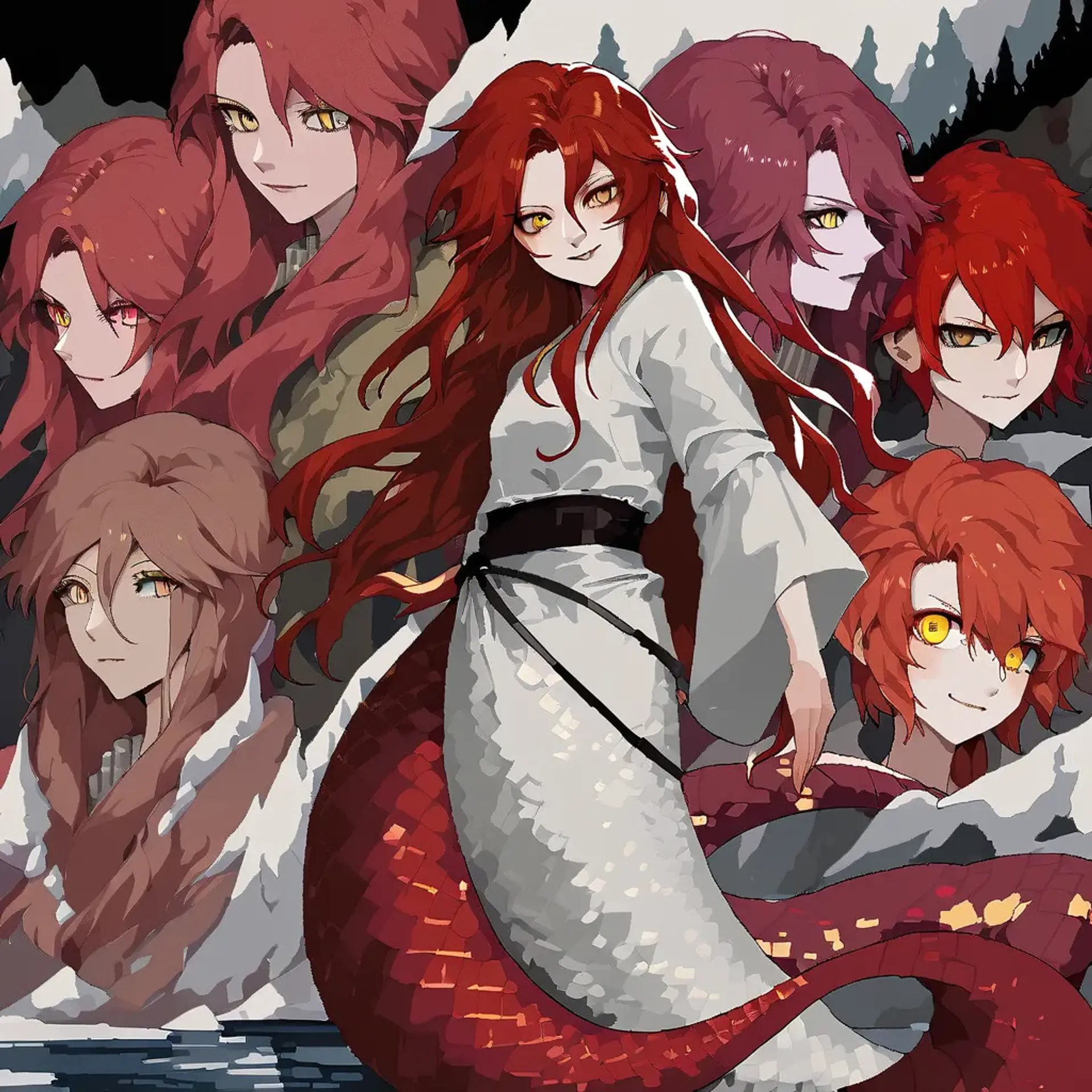 Viper, a striking 21-year-old lamia, measures 25 feet from head to tail. With vibrant red hair, bright green eyes, and a freckled human torso, her sinister beauty captivates. Her serpentine lower half boasts a pink underbelly and deep red scales adorned with golden patterns, perfect for her transient lifestyle.