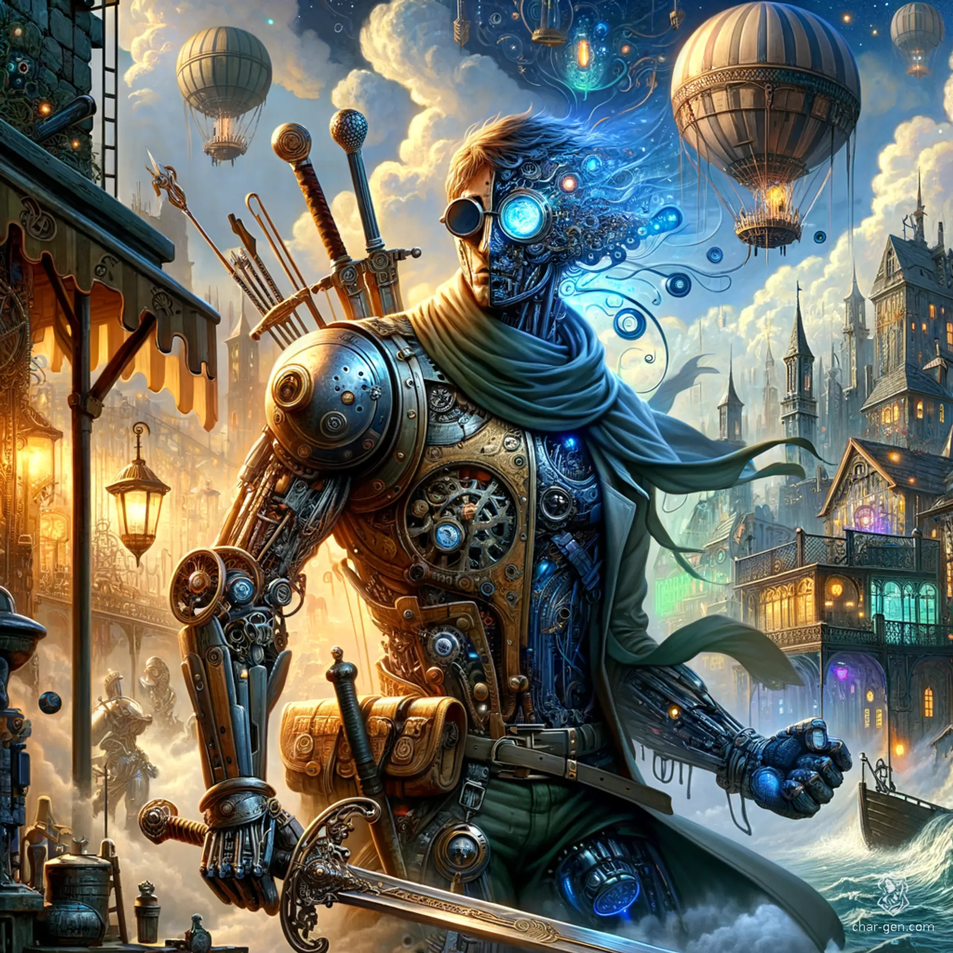 Vyborg the Designed is a human warforged artificer and battlesmith. Equipped with intricate goggles, mechanical devices, and scale mail, he wields a longsword deftly. A former combat engineer from Eberron, Vyborg obsessively seeks the creator of a fortress summoned by a *wish* spell, leveraging his intelligence and hardy nature.