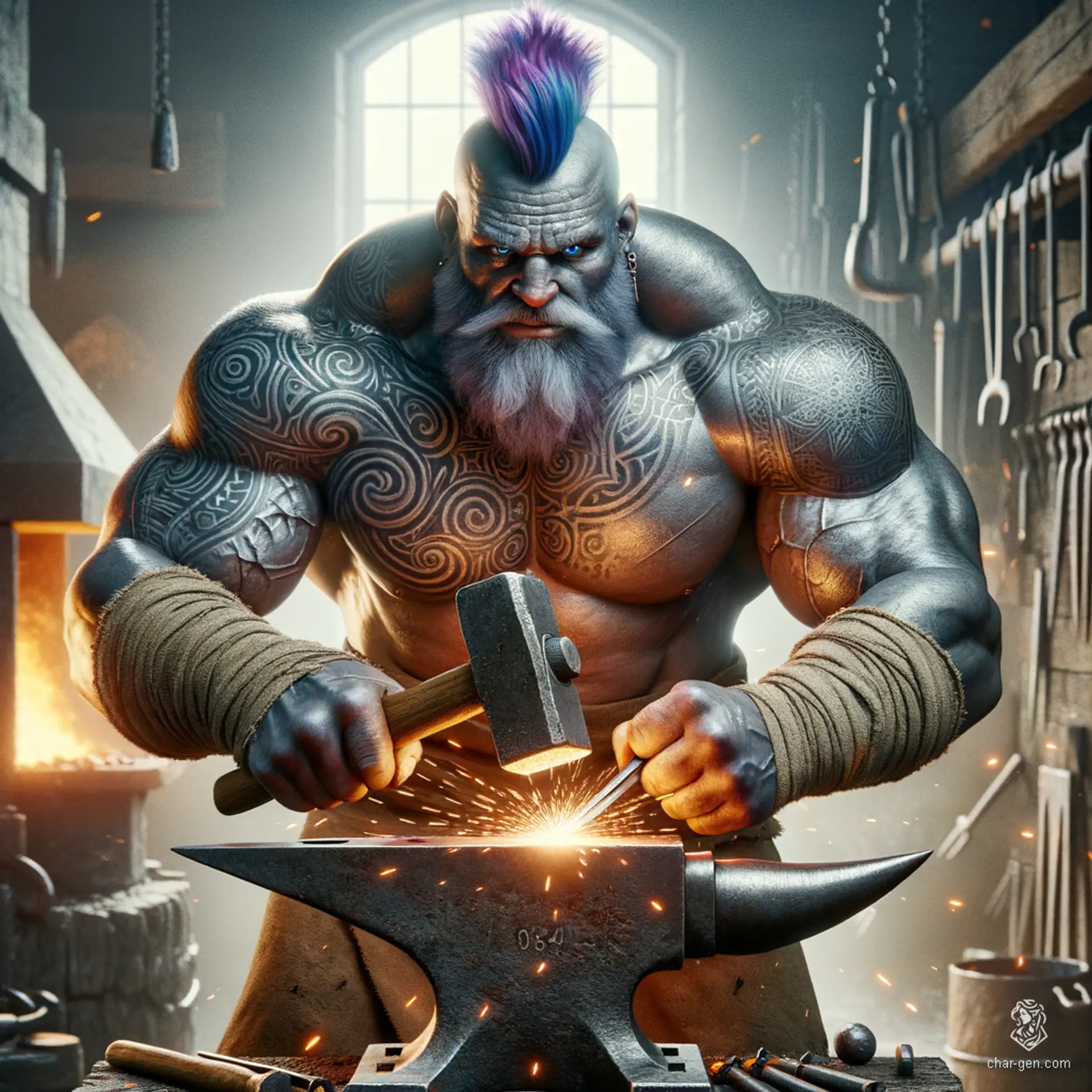 A half-giant Goliath with grey, tattooed skin and a muscular build, this wild and rugged barbarian sports a bald head with a purple mohawk, a large nose, and pale blue eyes. As a blacksmith, he is often seen surrounded by the glow of a forge, anvils, and hammers.