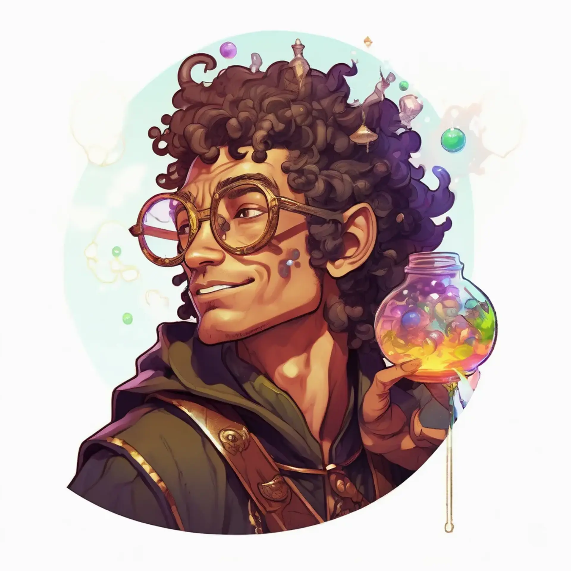 Eldrin, the ancient Druid, is a haggard elf with deep frown lines, his frizzy hair wild and untamed. Clad in earthy tones, he mixes bubbling potions amid an array of vials, protected by goggles. His tan skin, weathered by time, holds the wisdom of ages, while animal companions linger nearby.