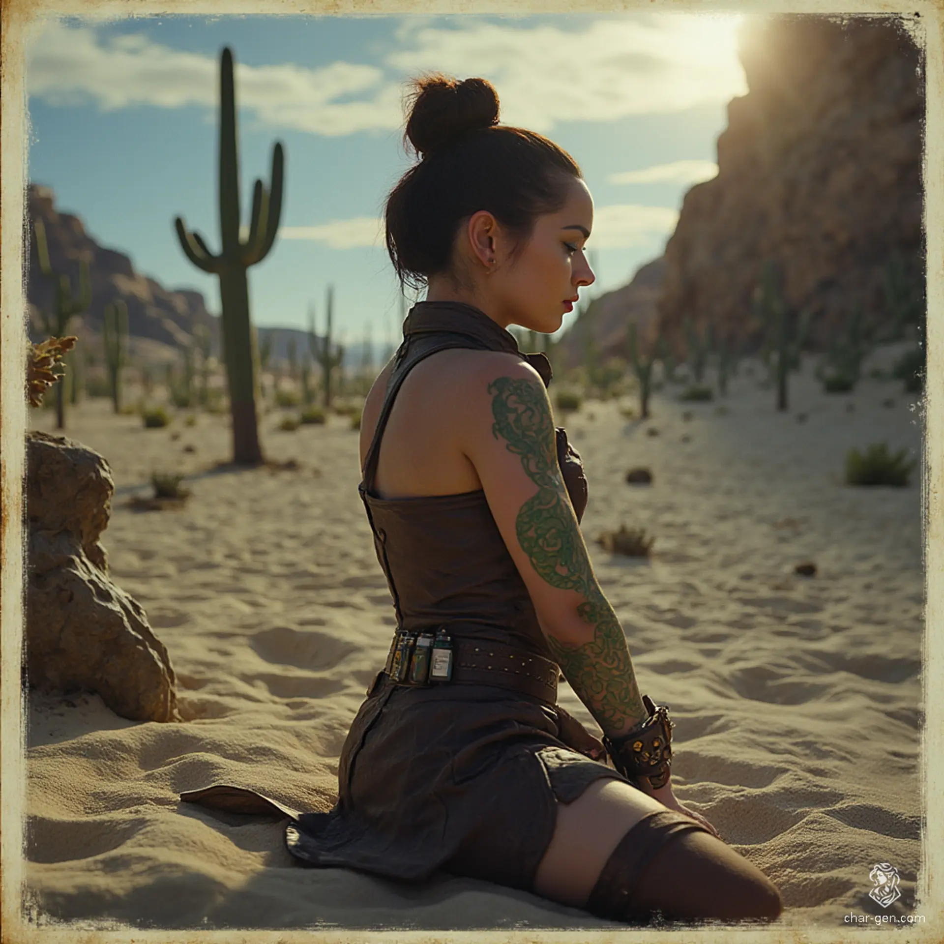 Izzy, a newly emancipated halfling assassin, embodies lethal elegance. Standing at 1.5 meters with bright yellow-green eyes, she dons a snug brown leather tunic, showcasing her green snake-scale tattoos. Agile and stealthy, Izzy expertly wields her crossbow and concealed daggers, prowling the shadows with a seductive, dangerous charm.