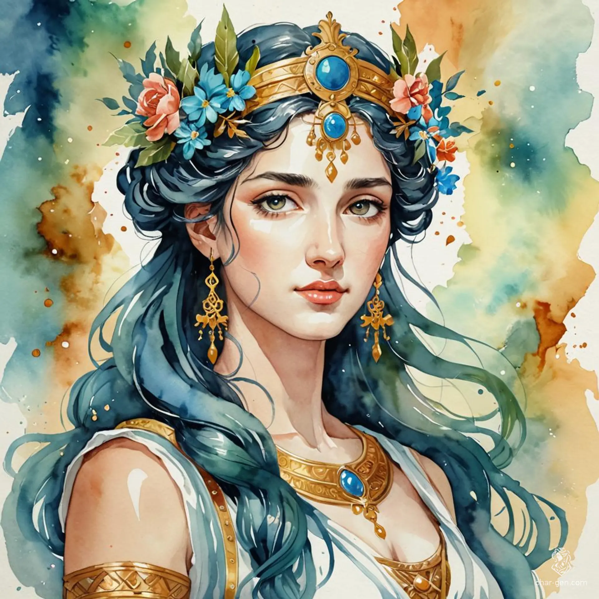 Adorned in flowing robes and crowned with a celestial diadem, this Greek goddess exudes an ethereal beauty. Her watercolor portrait captures vibrant hues that dance like sunlight on water, embodying grace and power, while her enigmatic gaze invites admiration and reverence from all who behold her.