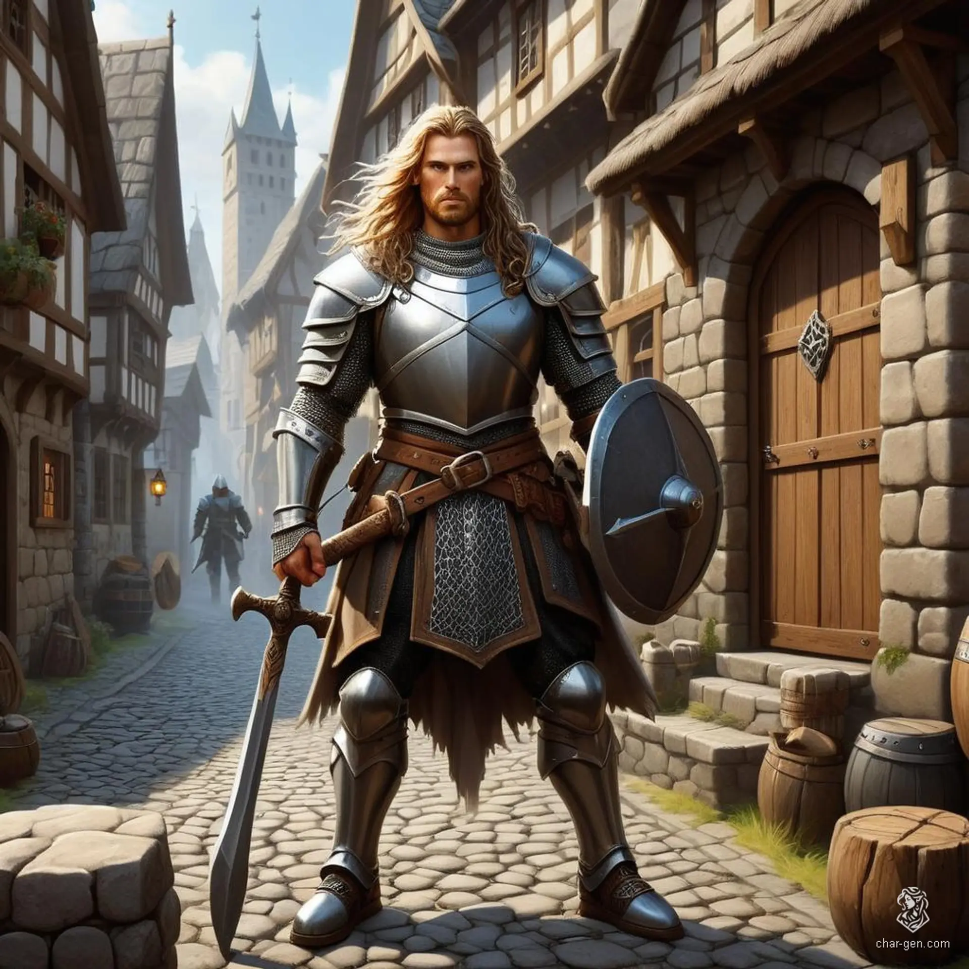 A vigilant, light-skinned male fighter, exuding confidence with his tall, buff stature, clad in chainmail. As a guard, he patrols streets or stands at gates, armed with a variety of weapons, including a big axe, ensuring safety with a watchful eye. His long hair contrasts sharply with his battle-ready demeanor.