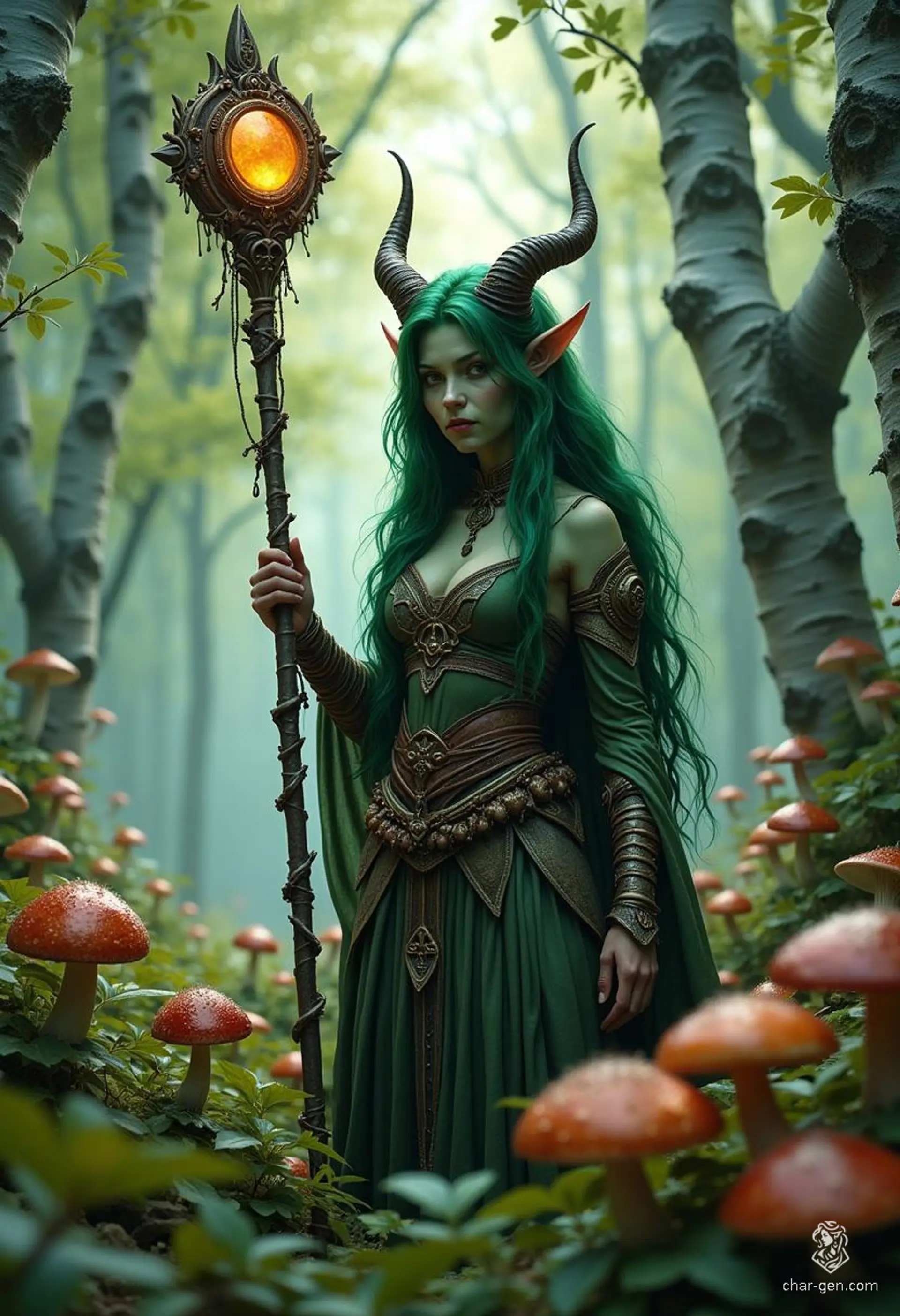 Lilith Valmoira, a tiefling druid with devilish features and vibrant green skin, finds solace in nature amidst her troubled past. Armed with a twig-adorned staff and accompanied by animal friends, she navigates the cursed forests of Barovia, seeking wisdom and belonging.