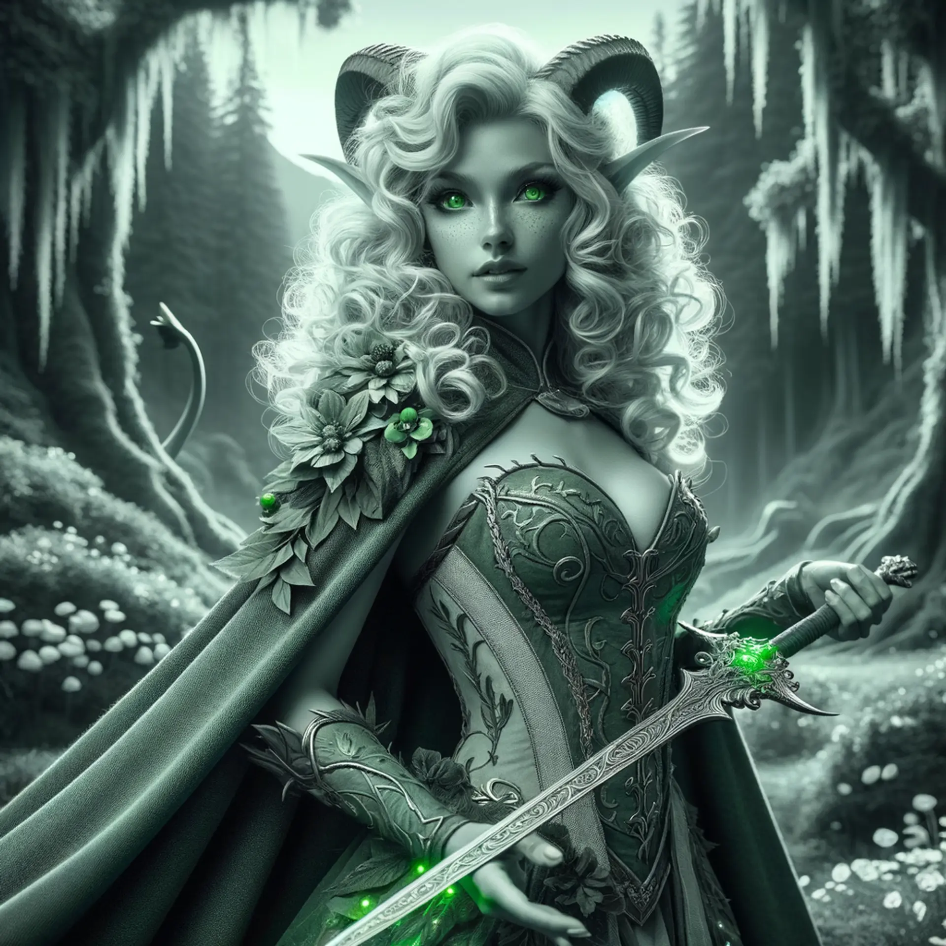 Meet a youthful tiefling druid with vibrant, curly light green hair and glowing green eyes, embodying nature's grace. Adorned in an elegant, flowing magical cape decorated with enchanting flora, she wields a beautifully crafted sword, merging elegance with the raw power of the earth and its creatures.