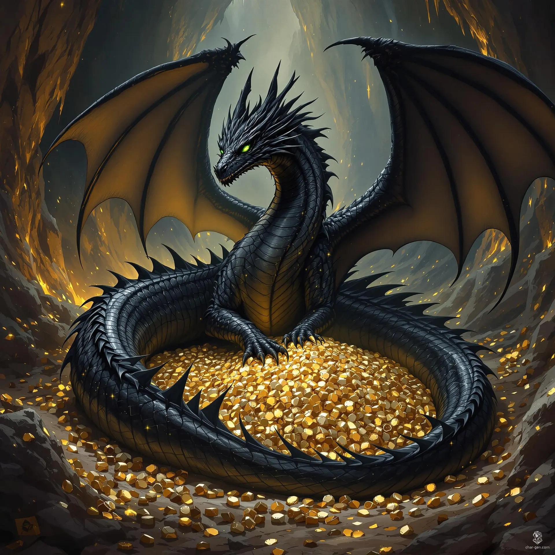 The majestic black dragon boasts sleek, coal-like scales that absorb light, creating an aura of mystery. Its emerald green eyes reveal ancient wisdom and cunning intelligence, capable of peering into the depths of the soul. Agile and imposing, it commands respect in the realm of fantasy.