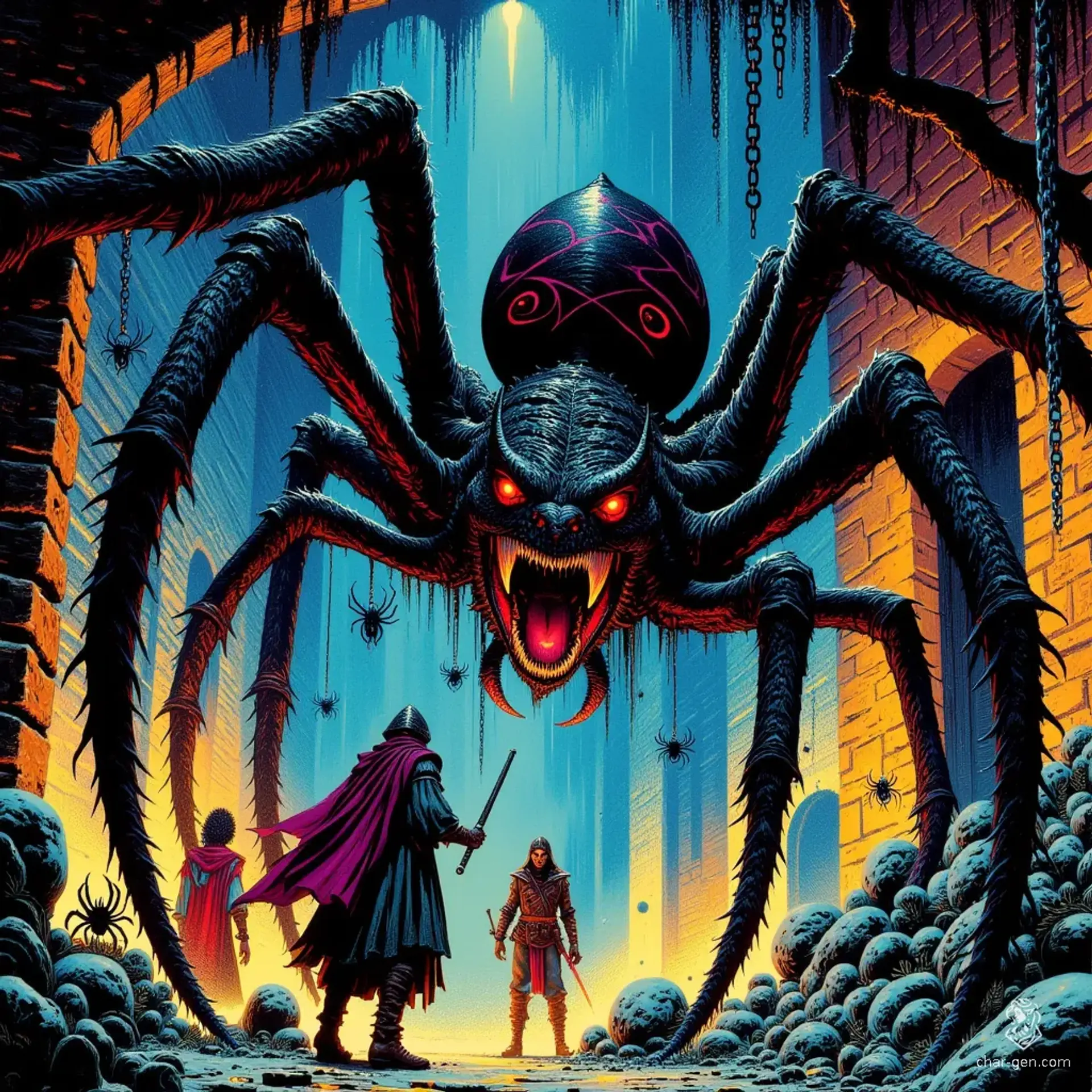Deep within the shadowy dungeon, a fearsome drider—a monstrous blend of drow and spider—awaits. With its upper body poised for spellcasting and a lower half of eight powerful legs, it weaves deadly webs while striking with venomous fangs, challenging the adventurers for their lives.