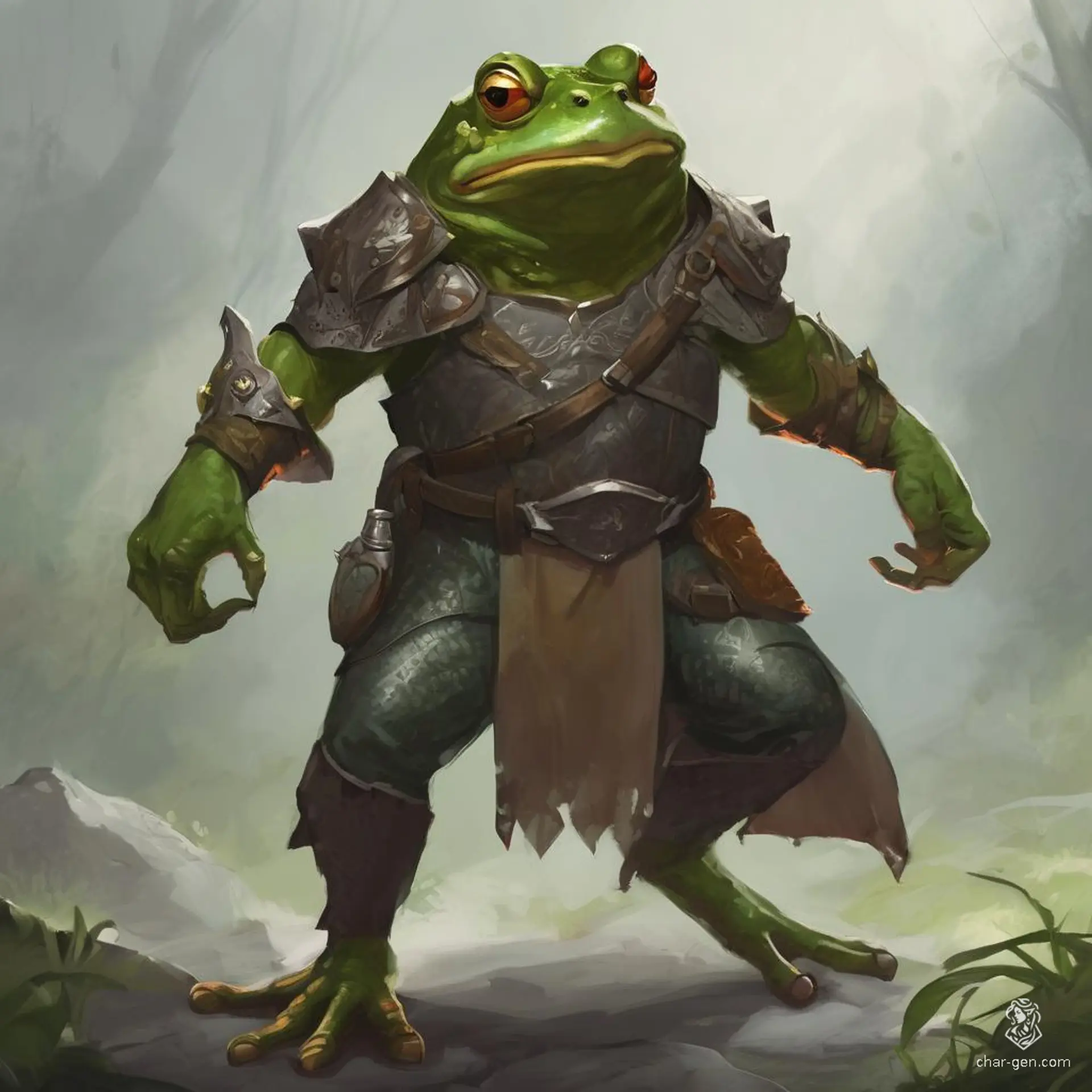 Meet Boggins, a slender Grung paladin with vibrant emerald skin and a friendly demeanor. Unarmored yet agile, he wields a radiant shield of leaves, championing justice and kindness in his swampy domain. With every leap, he spreads hope and camaraderie among all creatures.