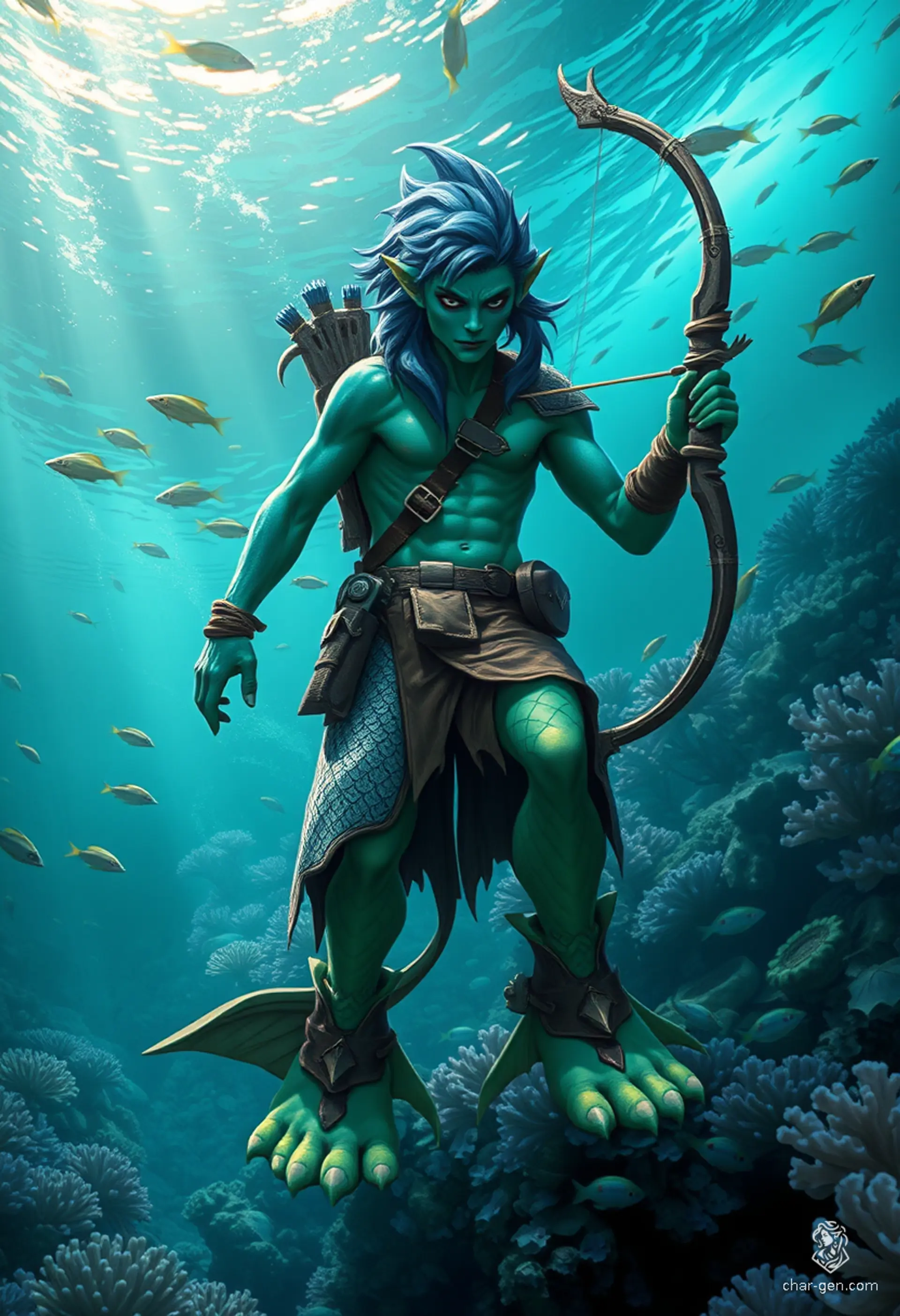 Elyndor, the triton ranger, blends seamlessly into the forest and mountain landscapes with his striking green skin and aquatic features. Equipped with bow and spear, he skillfully tracks prey, his fish-like lower half allowing swift movement through both water and land as he hunts in harmony with nature.