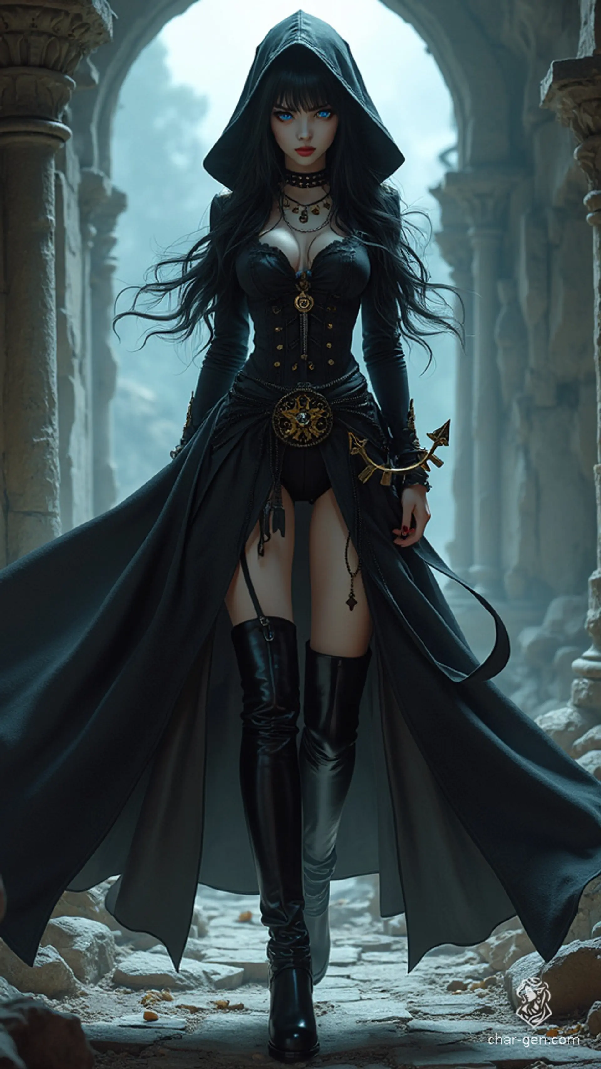 A seductive Gothic priestess, this human Cleric wears hooded robes with a dark horror aesthetic and leather boots. Her jet midnight black hair frames a serene demeanor, and she brandishes a prominent holy symbol, blending allure with unwavering faith.