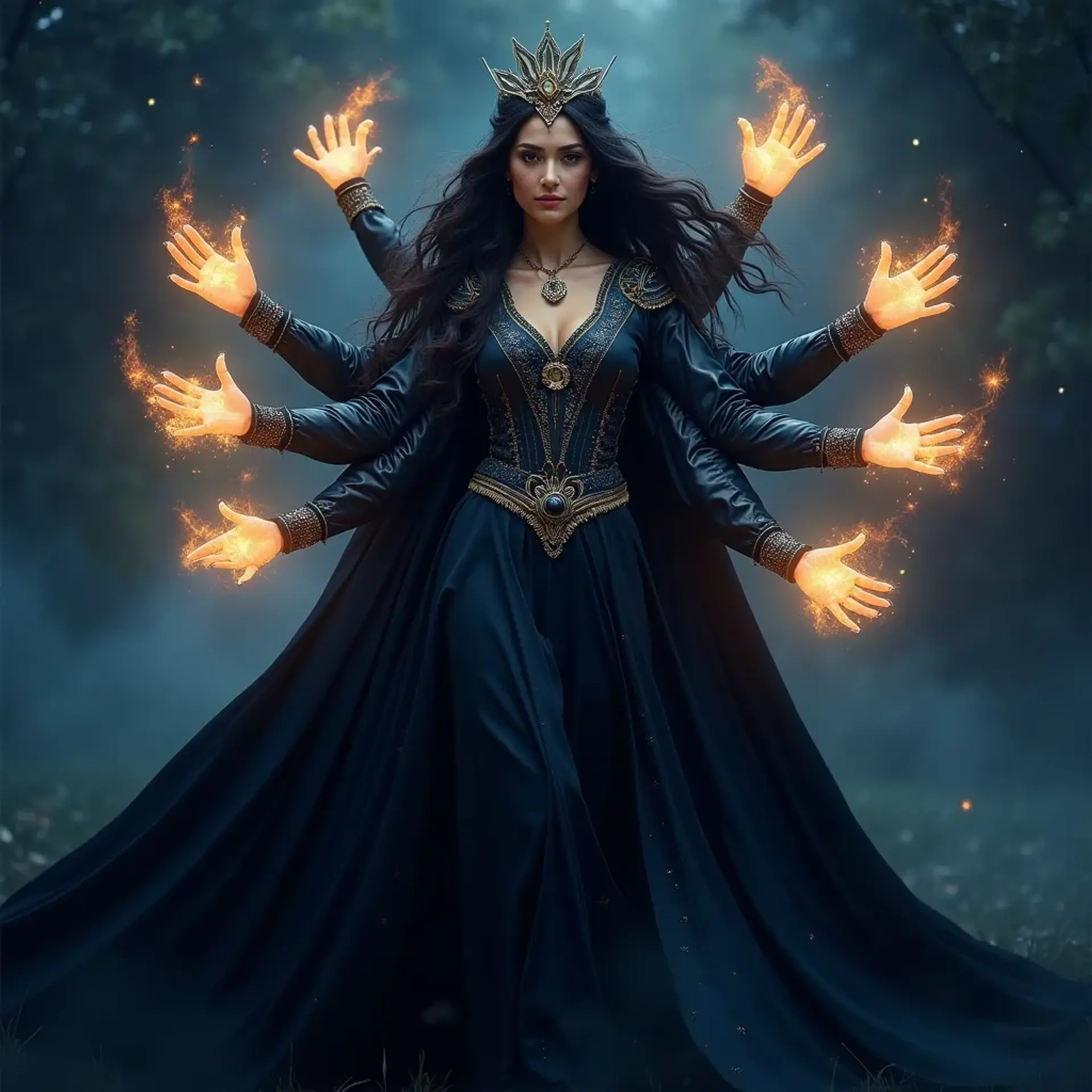 The Queen of the Night is an enchanting figure, cloaked in shimmering midnight fabric and radiating grace. With five glowing arms wielding elemental powers, she brings harmony to the world. Her luminous eyes and melodic voice draw in seekers of wisdom, embodying the mystery of the night.