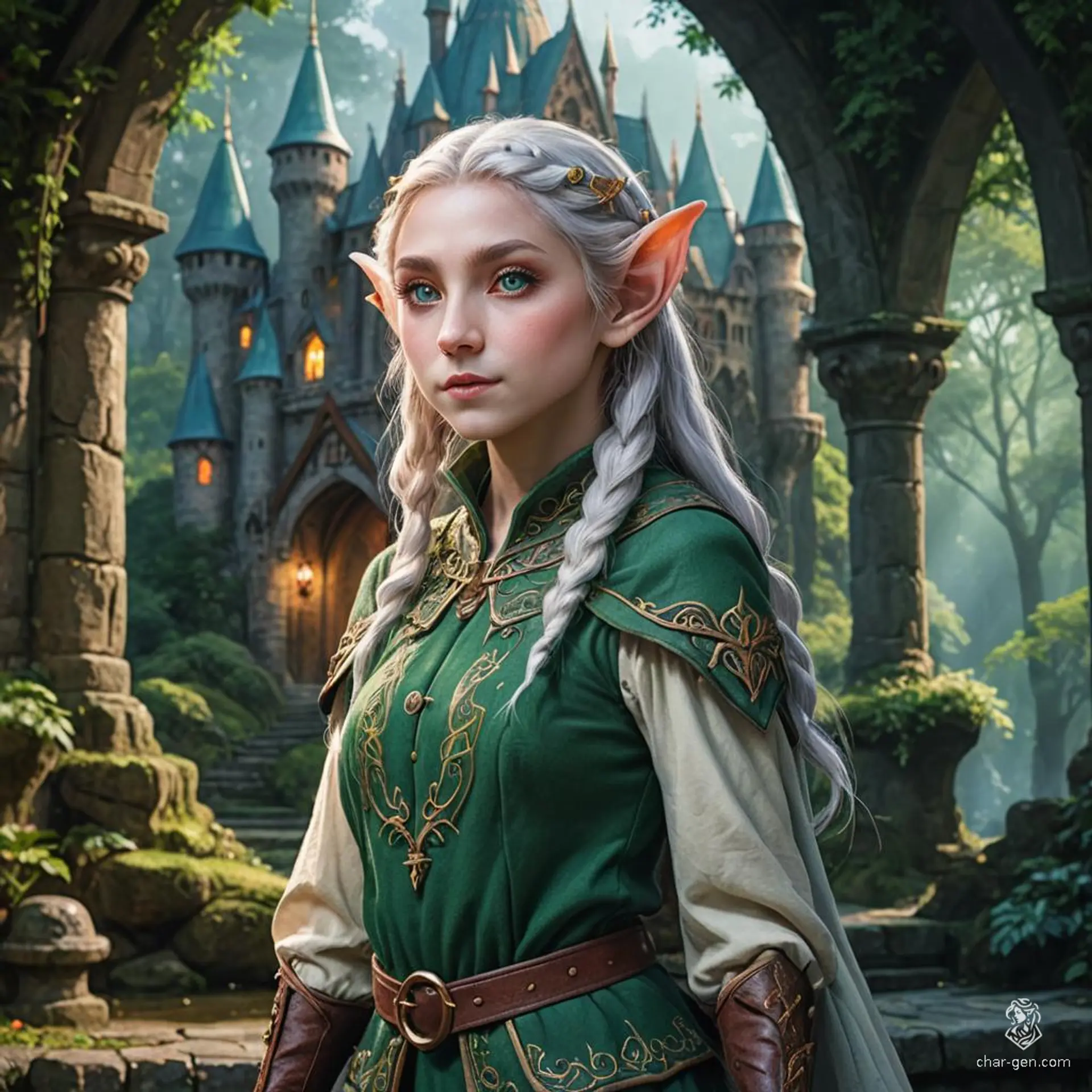 Elyndra, a graceful elf from the ancient Eldarwen forest, possesses shimmering emerald eyes and silken silver hair. Skilled in archery and nature magic, she safeguards her realm against dark forces, embodying both wisdom and agility as she moves seamlessly through the vibrant woodland.