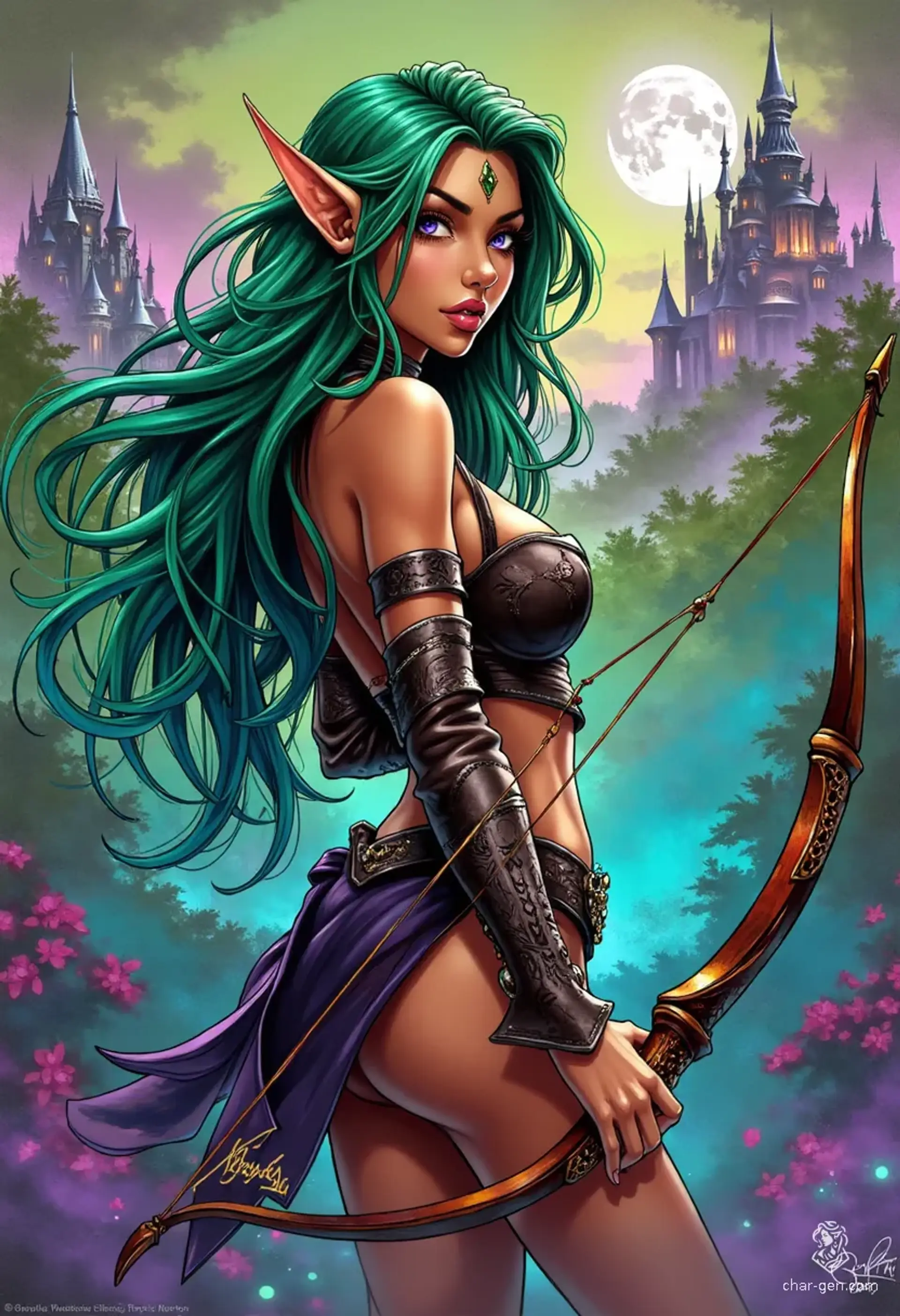 Lirael, the enchanting elf pinup, captivates with her radiant beauty and alluring grace. With flowing emerald hair, shimmering skin, and captivating violet eyes, she embodies allure and elegance. Dressed in intricate, form-fitting attire, she effortlessly blends charm and confidence, leaving a trail of enchanted admirers in her wake.