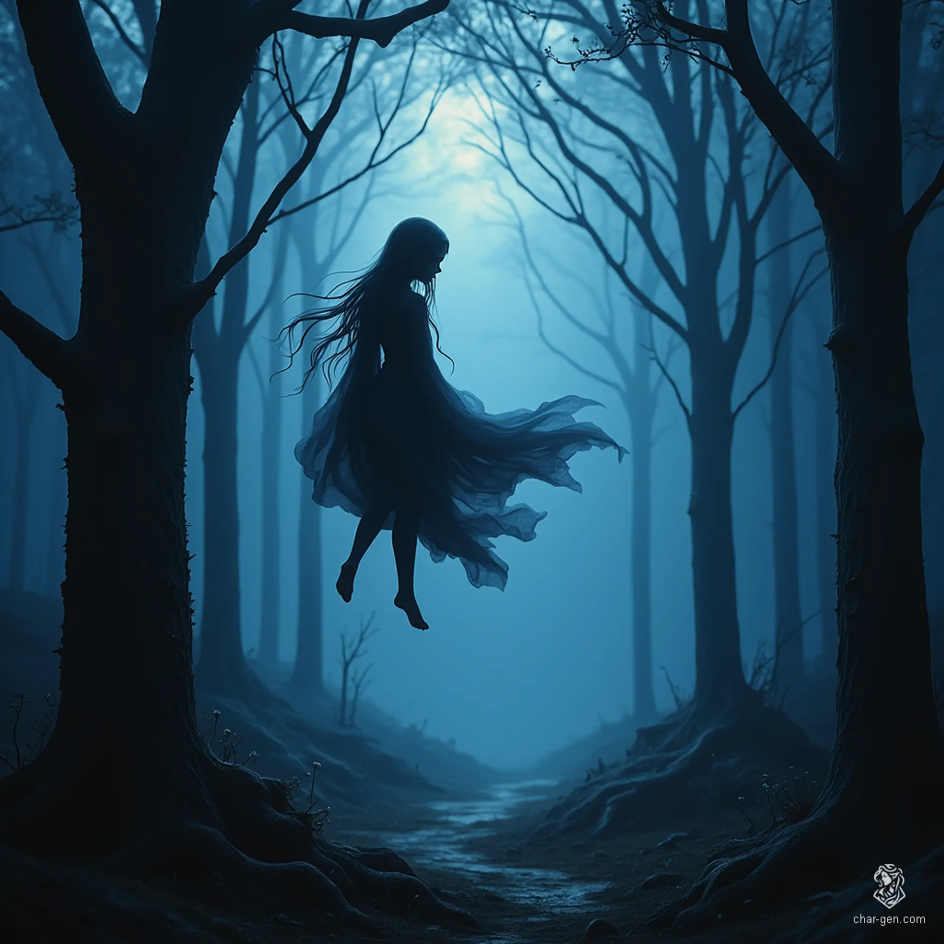 These tiny, ethereal beings hover in the dark forest, resembling flowing shadows with vague humanoid shapes. They mirror the memories of lost souls, shifting between light and dark, whispering secrets of the past as they drift silently through the ancient trees.