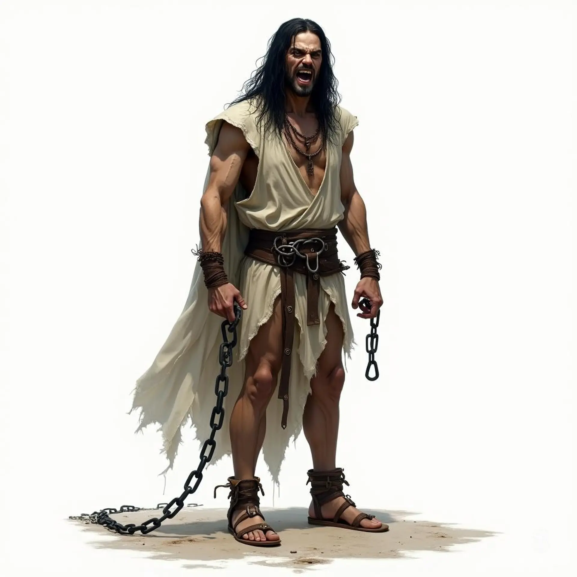 Meet Kael, a towering, gaunt figure shackled in chains, his long black hair framing a face etched with fury. Once a noble warrior, he now haunts the ethereal realm, embodying both anguish and resilience, captivating all with his majestic, otherworldly presence.