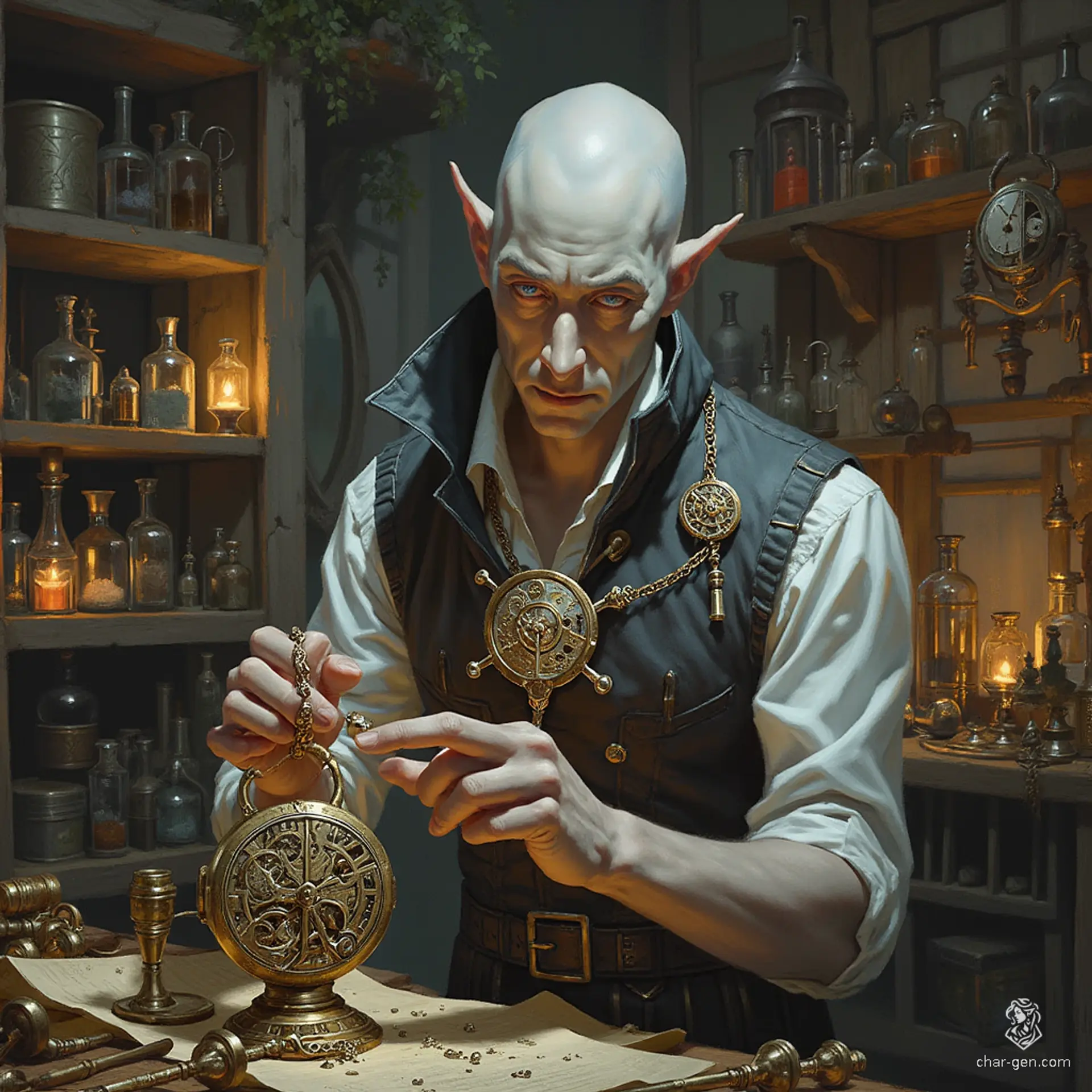 A pale-skinned male locksmith with a bob haircut, he possesses silver teeth that glint mischievously. His strange amulet, featuring intricate cogwheels, hints at his mastery of mechanics. Amidst a world of locks and keys, he crafts and picks with unmatched precision, embodying the essence of a watchmaker.