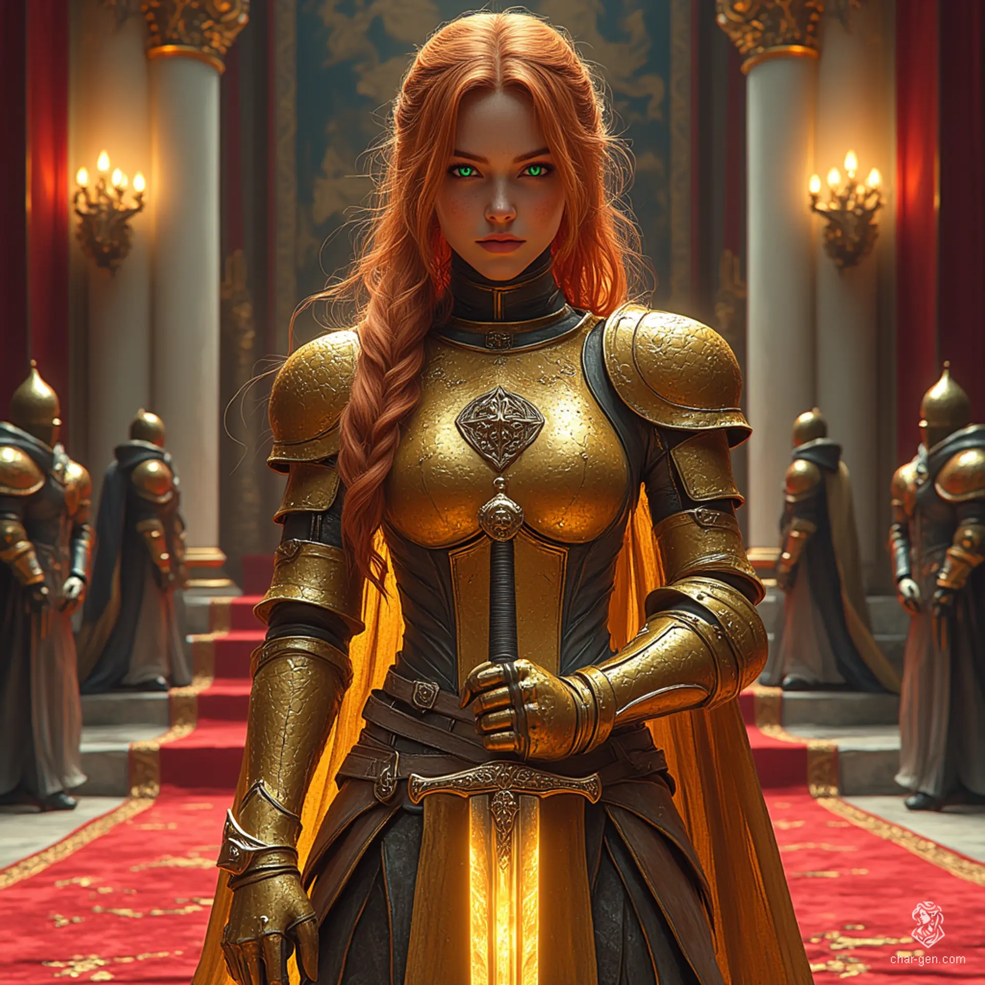 Shanyn, a 20-year-old gold dragon-hatchling in human form, is a skilled fighter of noble lineage. Standing 6'2", her freckled skin sparkles with golden scales, and she wields a longsword with grace. Torn between duty and a scandalous secret, she navigates a world unaware of her draconic heritage.