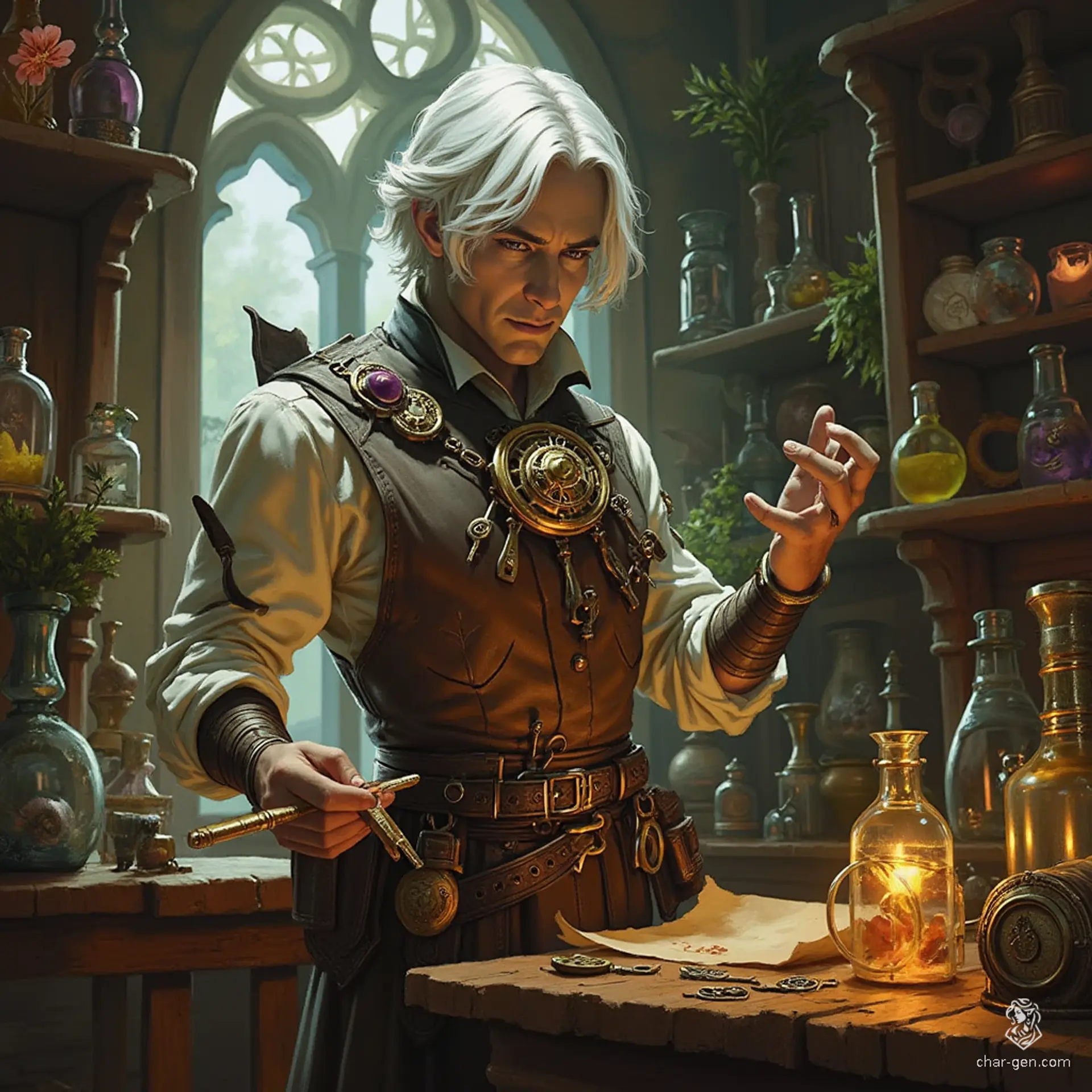 A pale-skinned male watchmaker and locksmith, he sports a striking silver tooth and a unique amulet brimming with intricate cogs and mechanisms. With a sharp bob haircut, he skillfully crafts and picks locks, blending artistry with precision, in a world of secrets and shadows.