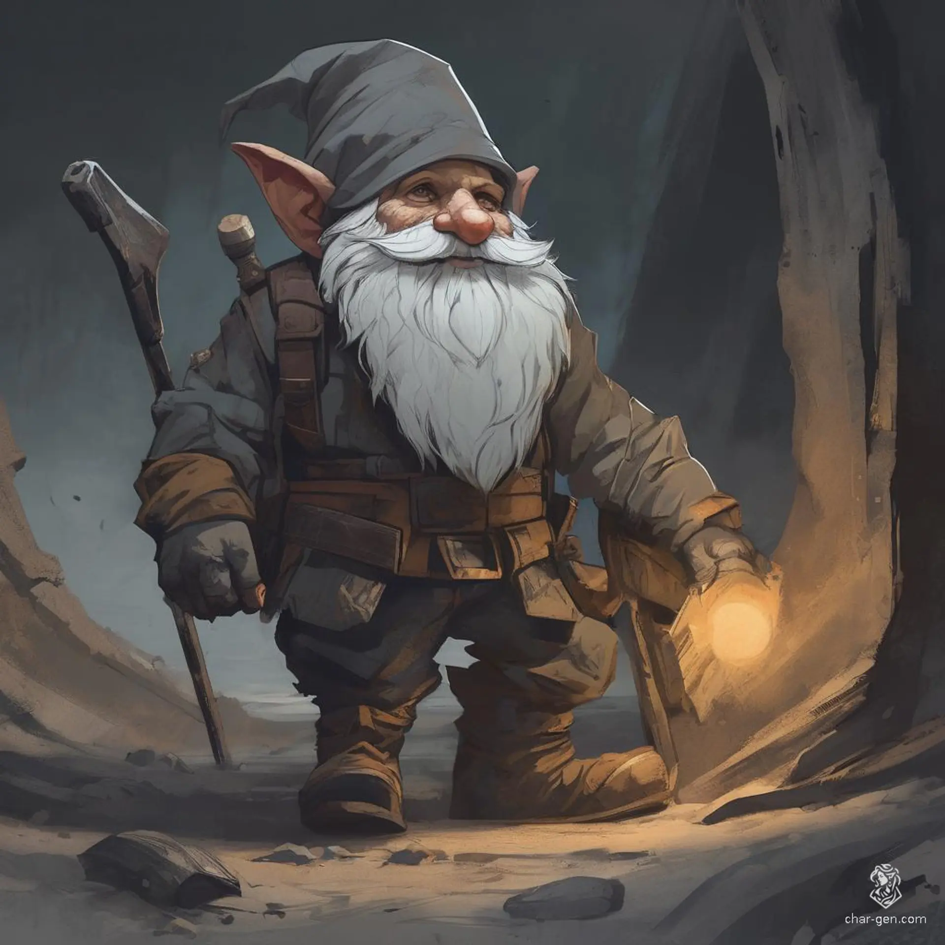 A deeply dark-skinned, rugged male deep gnome, freshly shaved, with stark dark gray skin. A skilled archer, he stands small yet formidable as a dedicated member of a snow tribe.