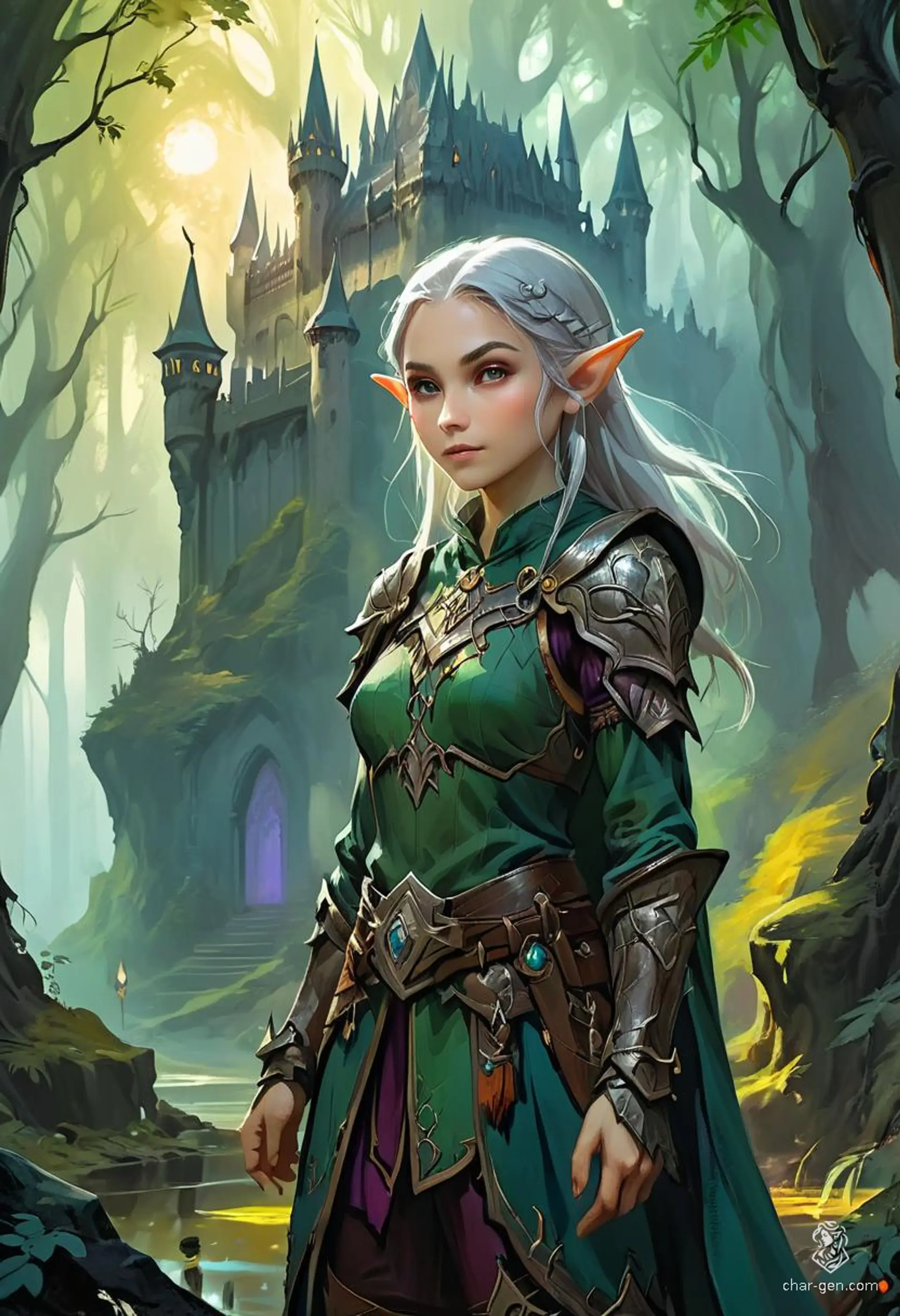 Elysia, a graceful elf with luminescent skin and silvery hair, roams the ancient woods of Eldoria. With keen eyes that see beyond the ordinary, she wields a bow of enchanted wood, protecting her realm from dark forces while embodying the wisdom and beauty of her lineage.