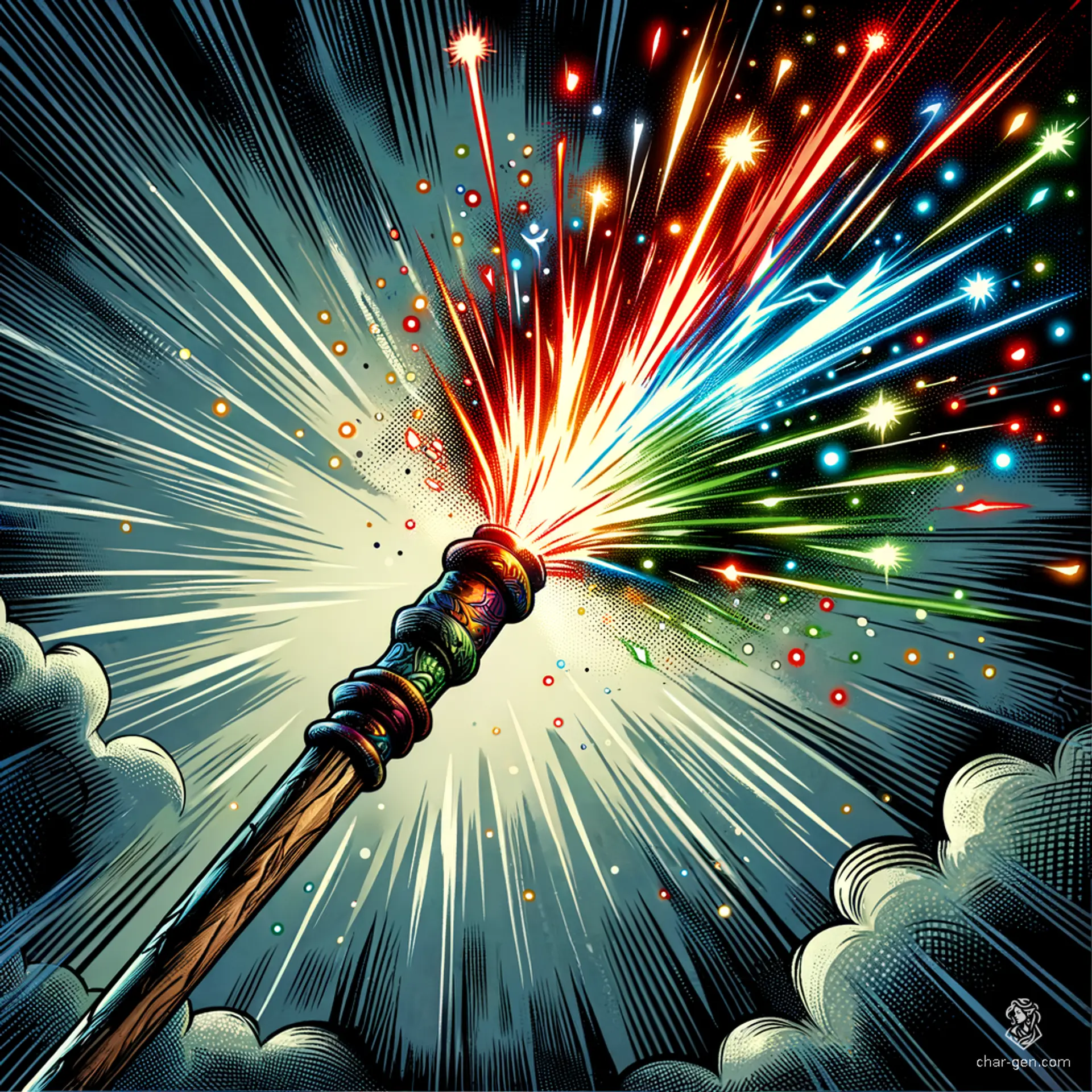 The Wand of Pyrotechnics is a seemingly humble, cheaply made wand that bursts to life with a dazzling array of multi-colored sparks. Perfect for dazzling displays or surprising foes, its true power lies in the vibrant spectacle it creates.